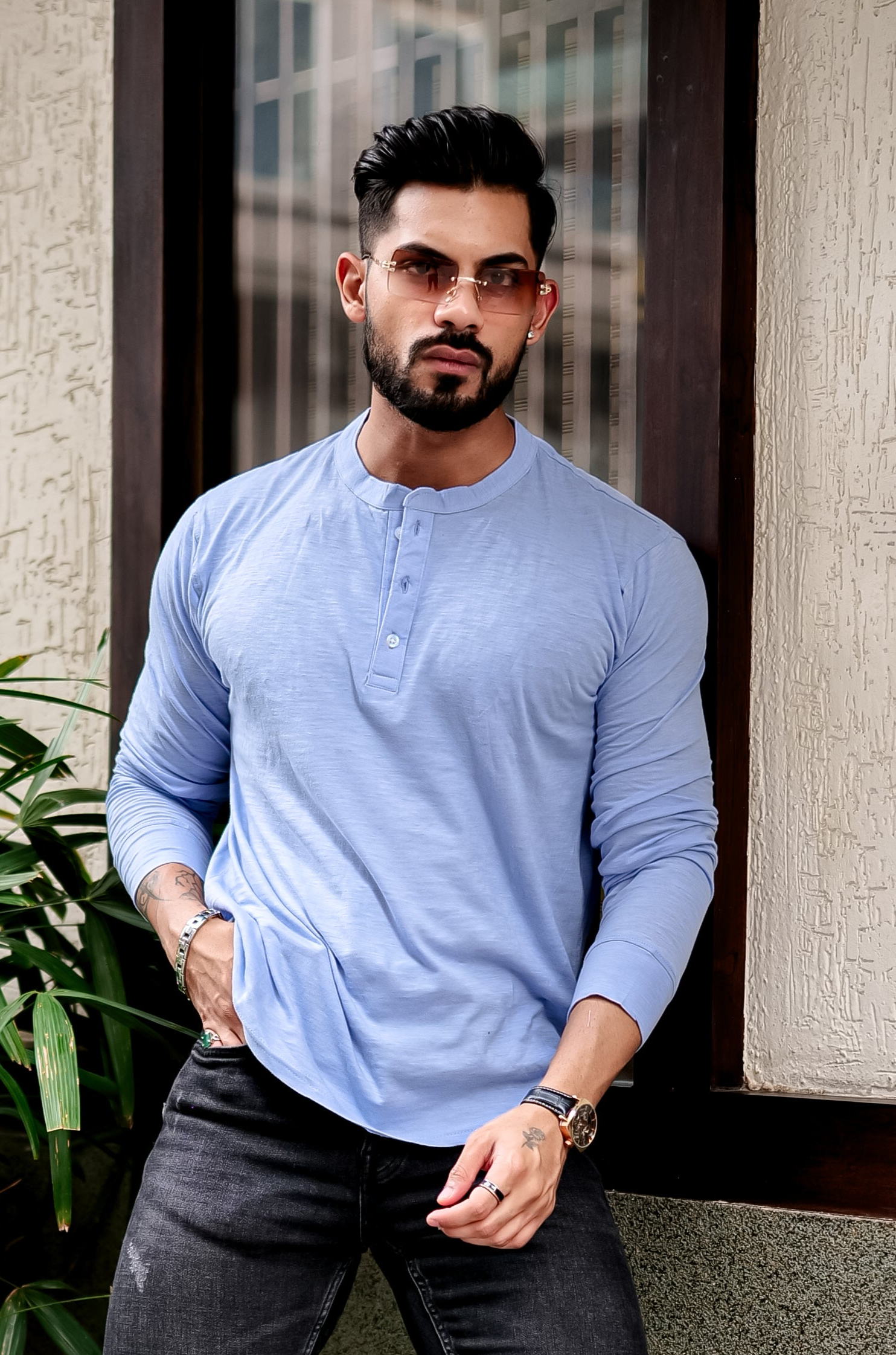 SKY BLUE SLUB HENLEY T-SHIRT