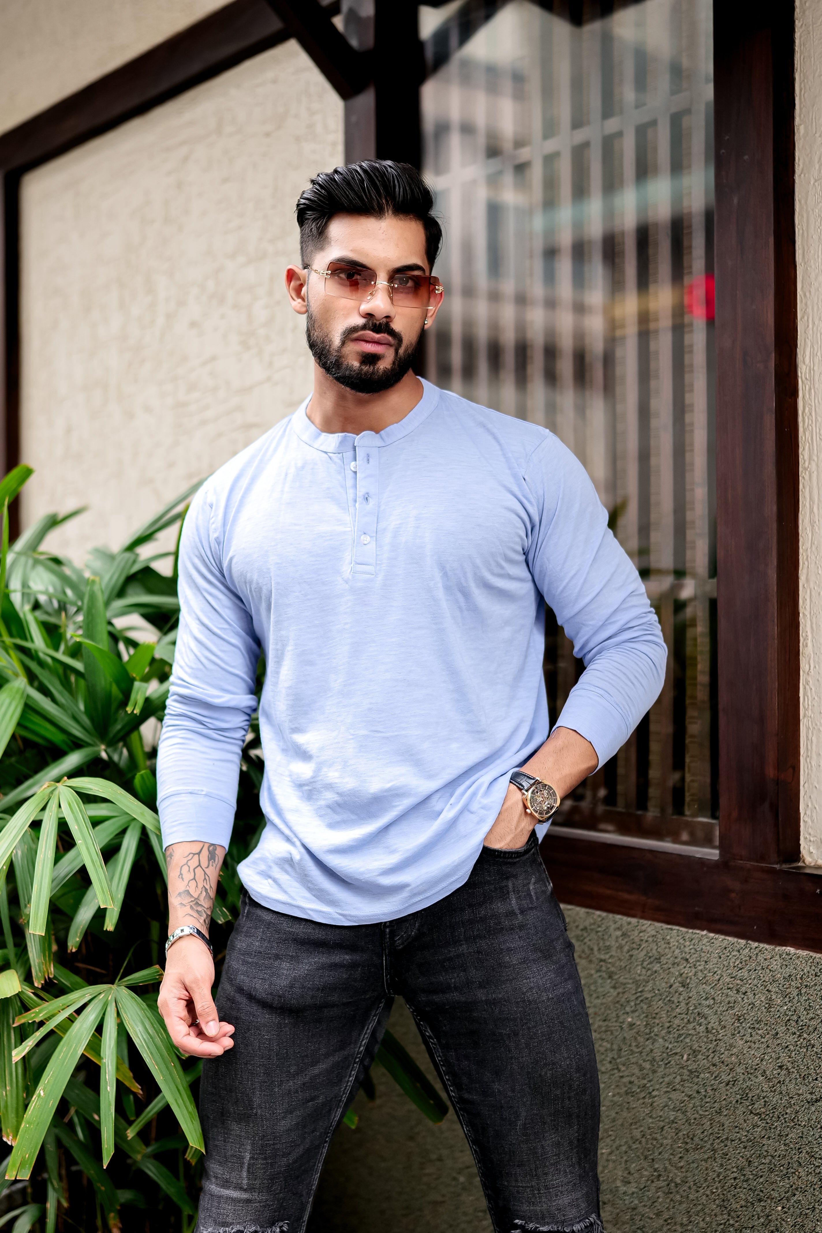 SKY BLUE SLUB HENLEY T-SHIRT