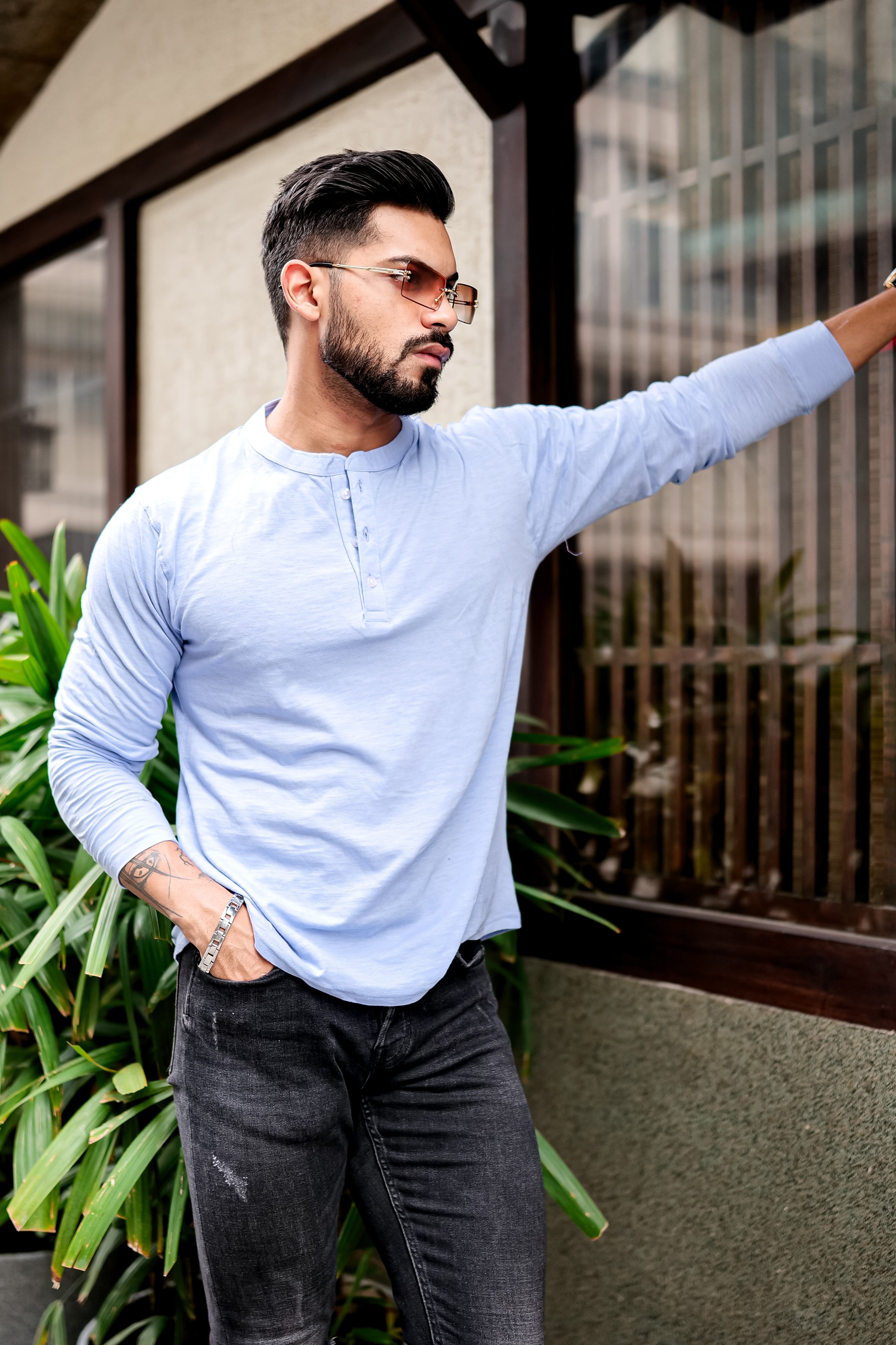 SKY BLUE SLUB HENLEY T-SHIRT