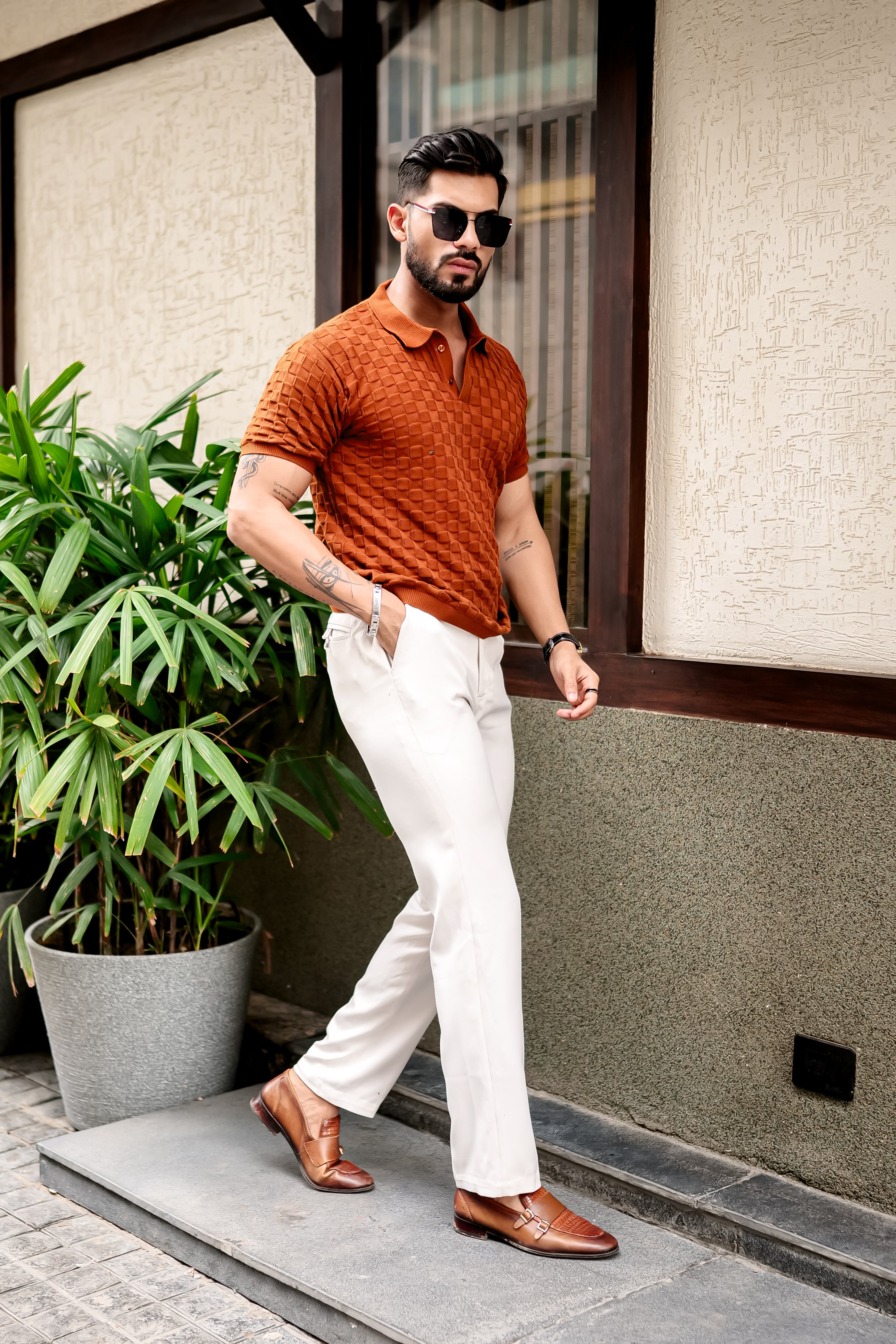 Brown Textured Flat Knit Polo T-Shirt