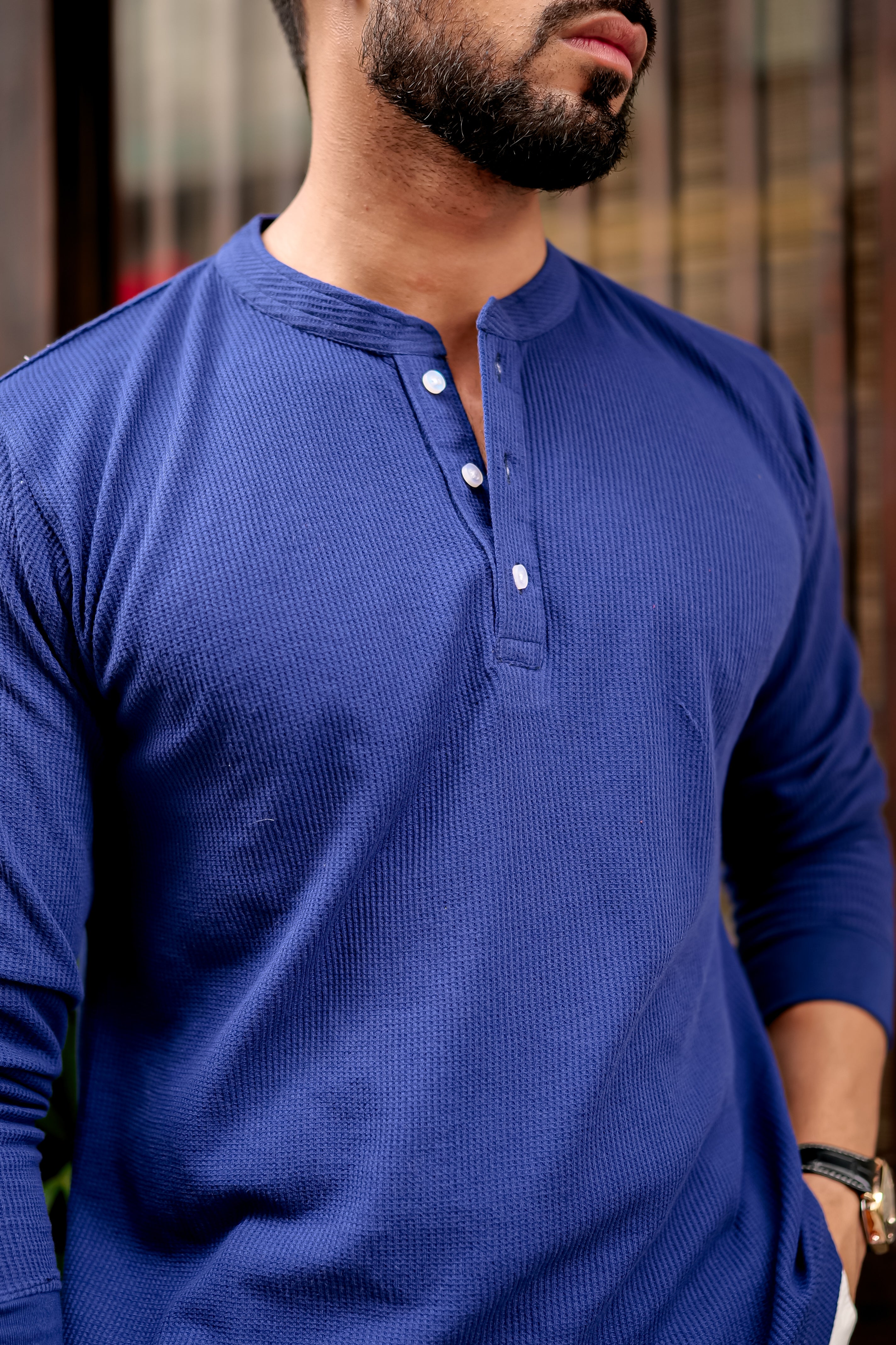 NEW BLUE WAFFLE HENLEY T-SHIRT