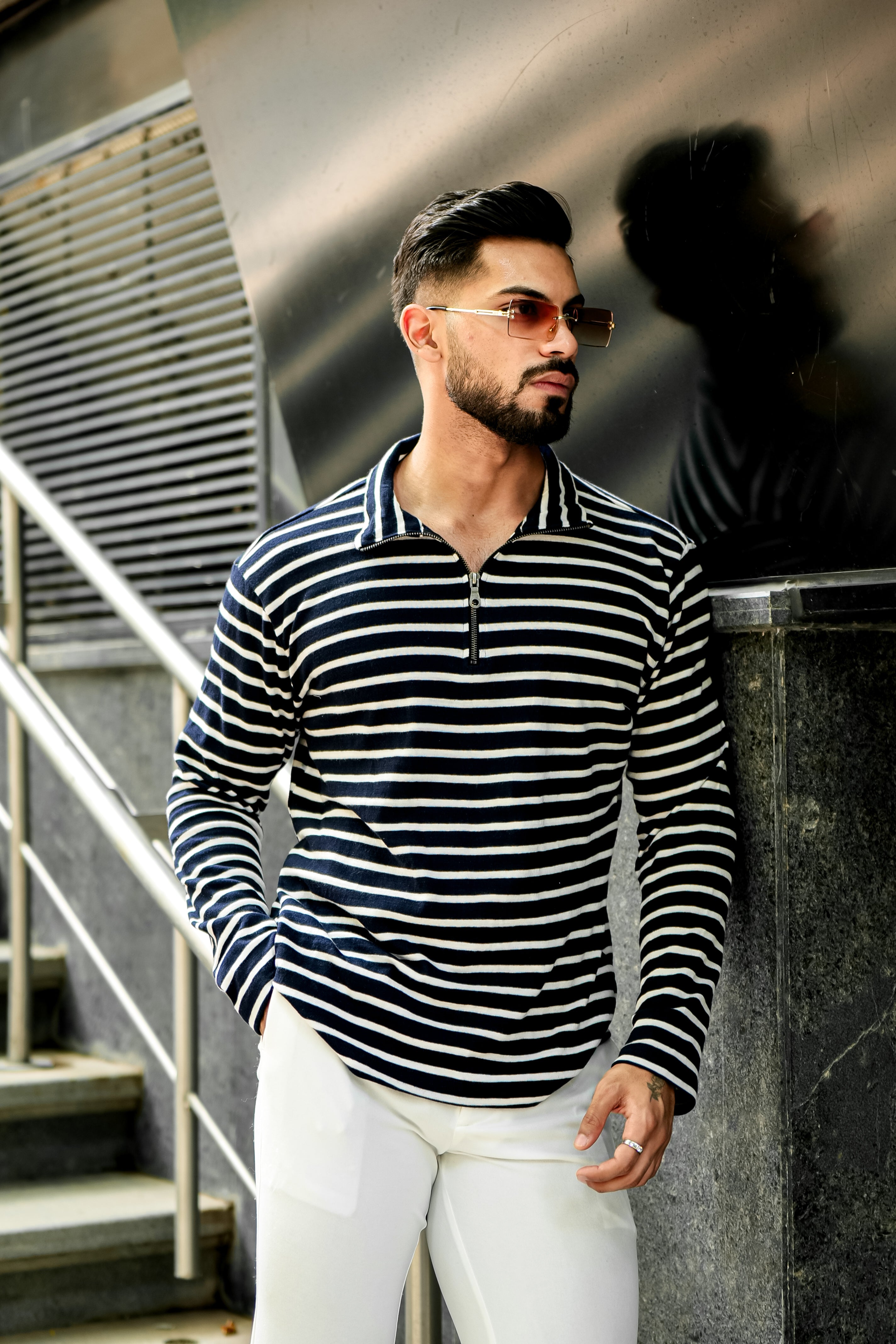 Navy White Self Design Stripe Zipper T-Shirt