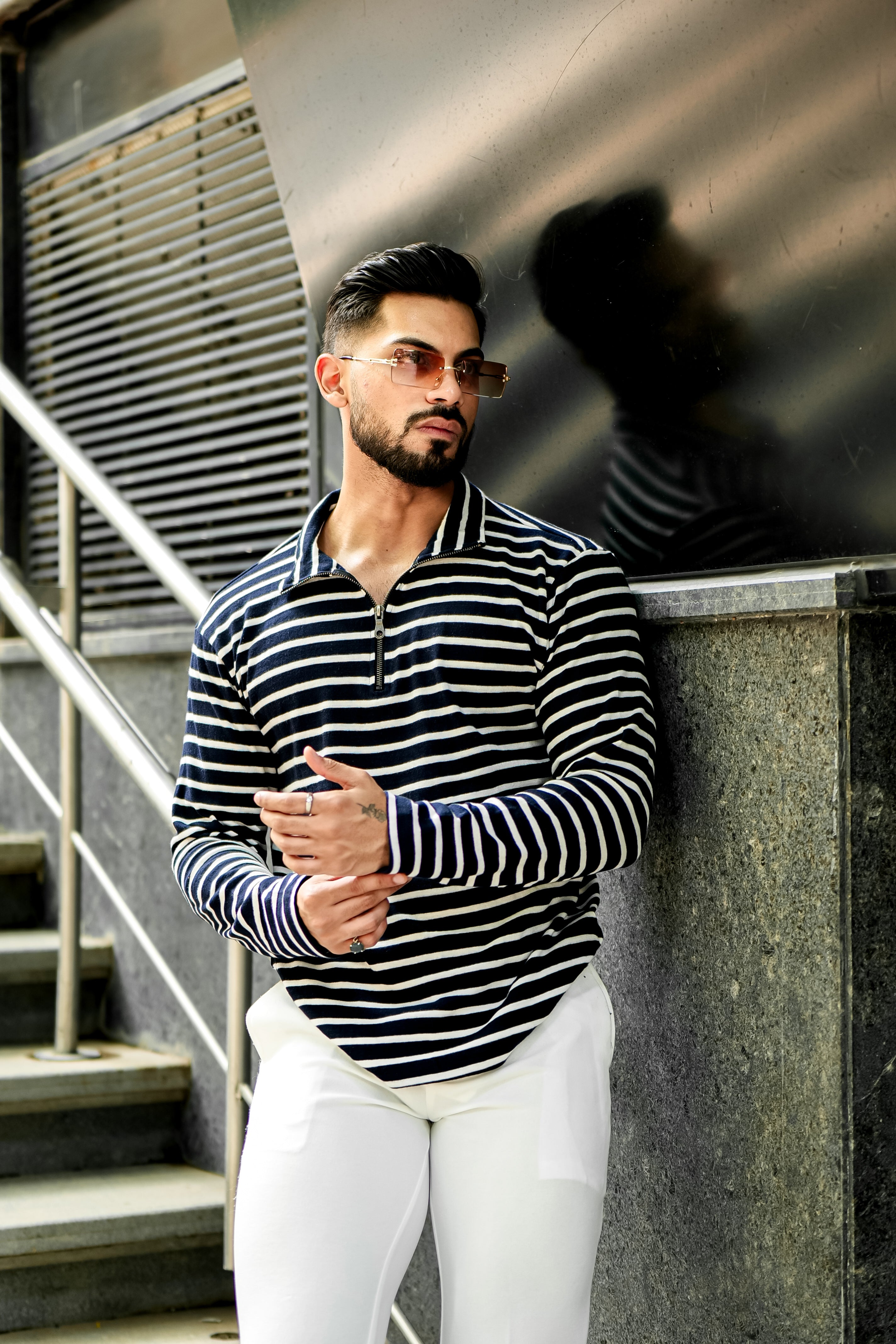 Navy White Self Design Stripe Zipper T-Shirt