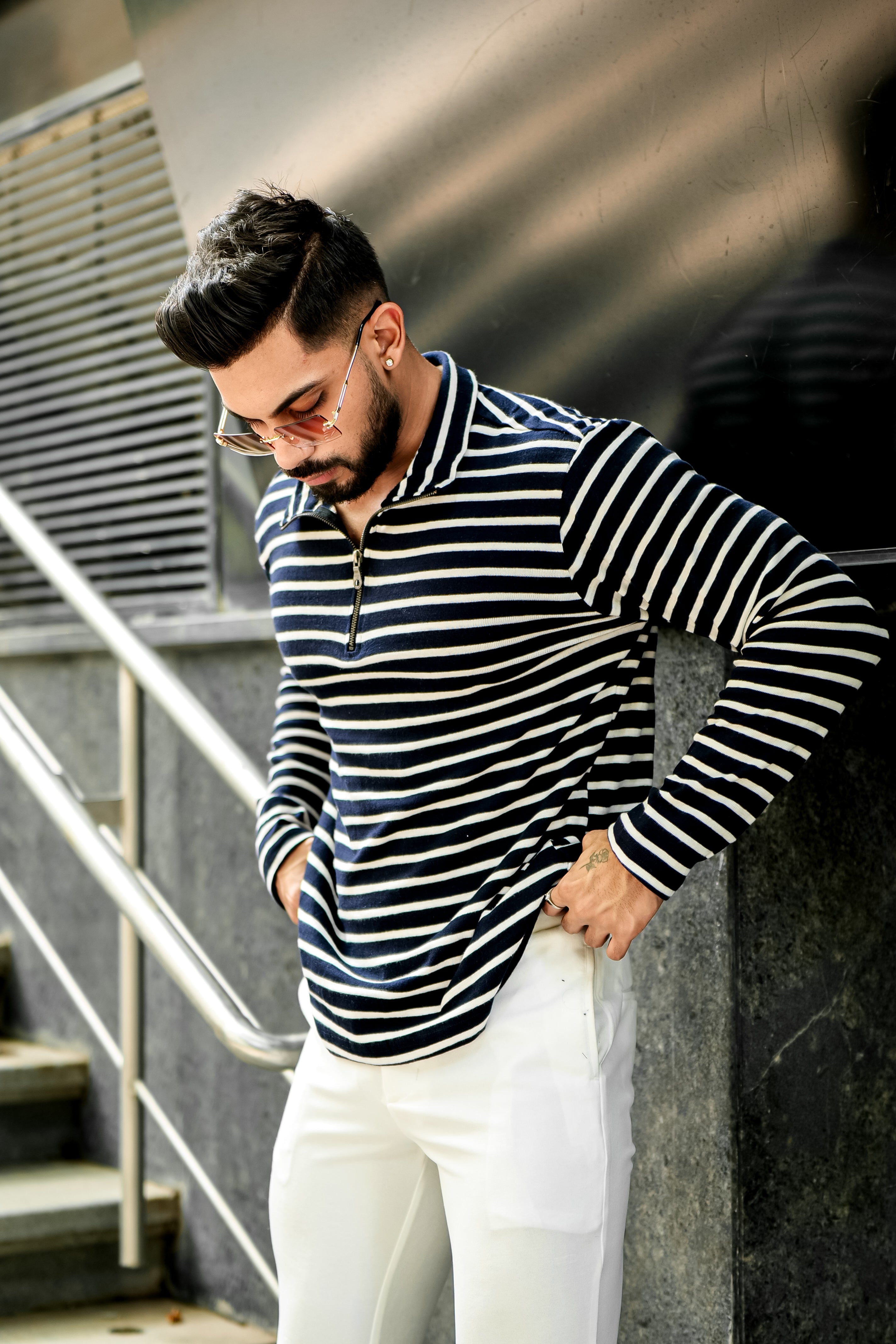 Navy White Self Design Stripe Zipper T-Shirt