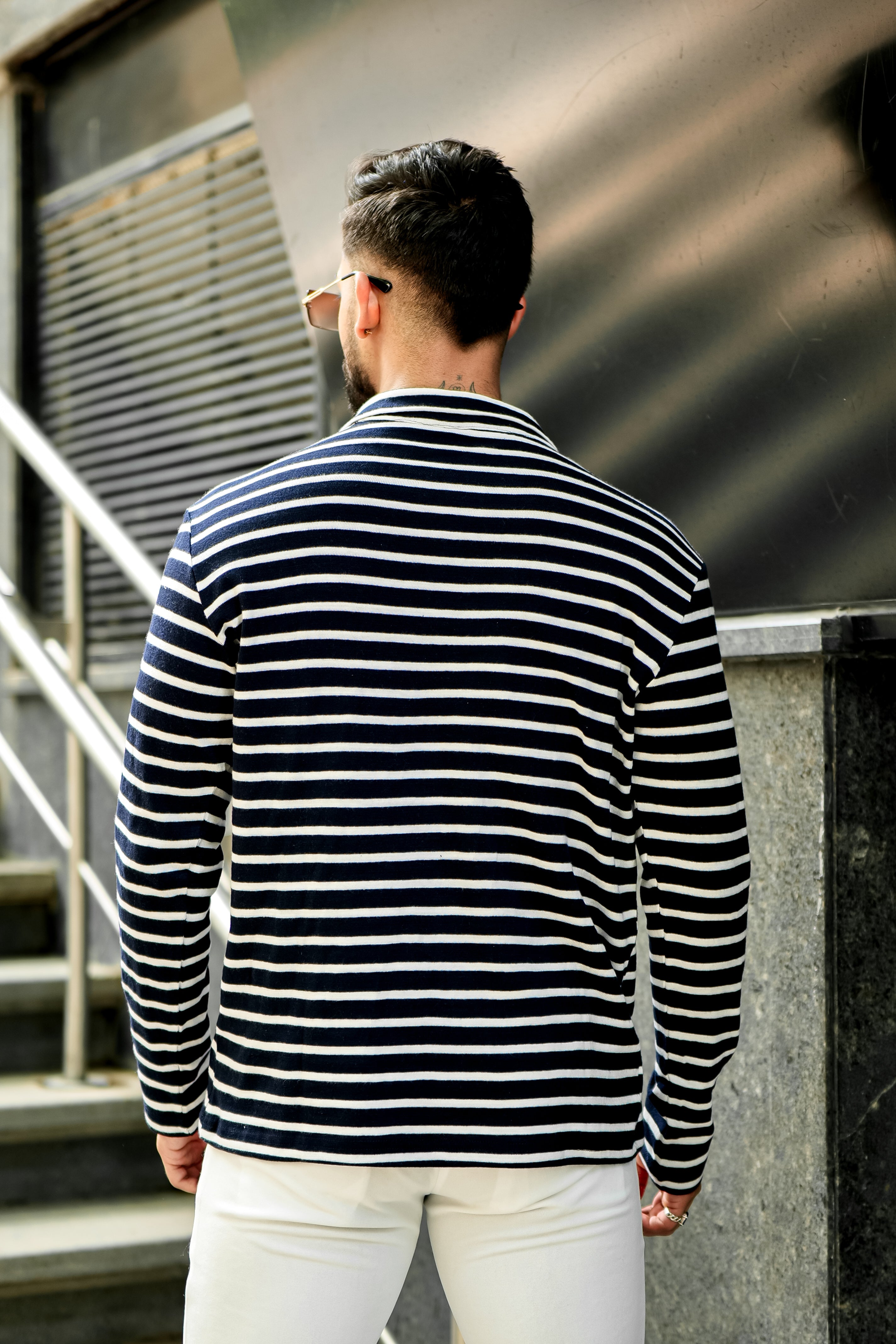 Navy White Self Design Stripe Zipper T-Shirt