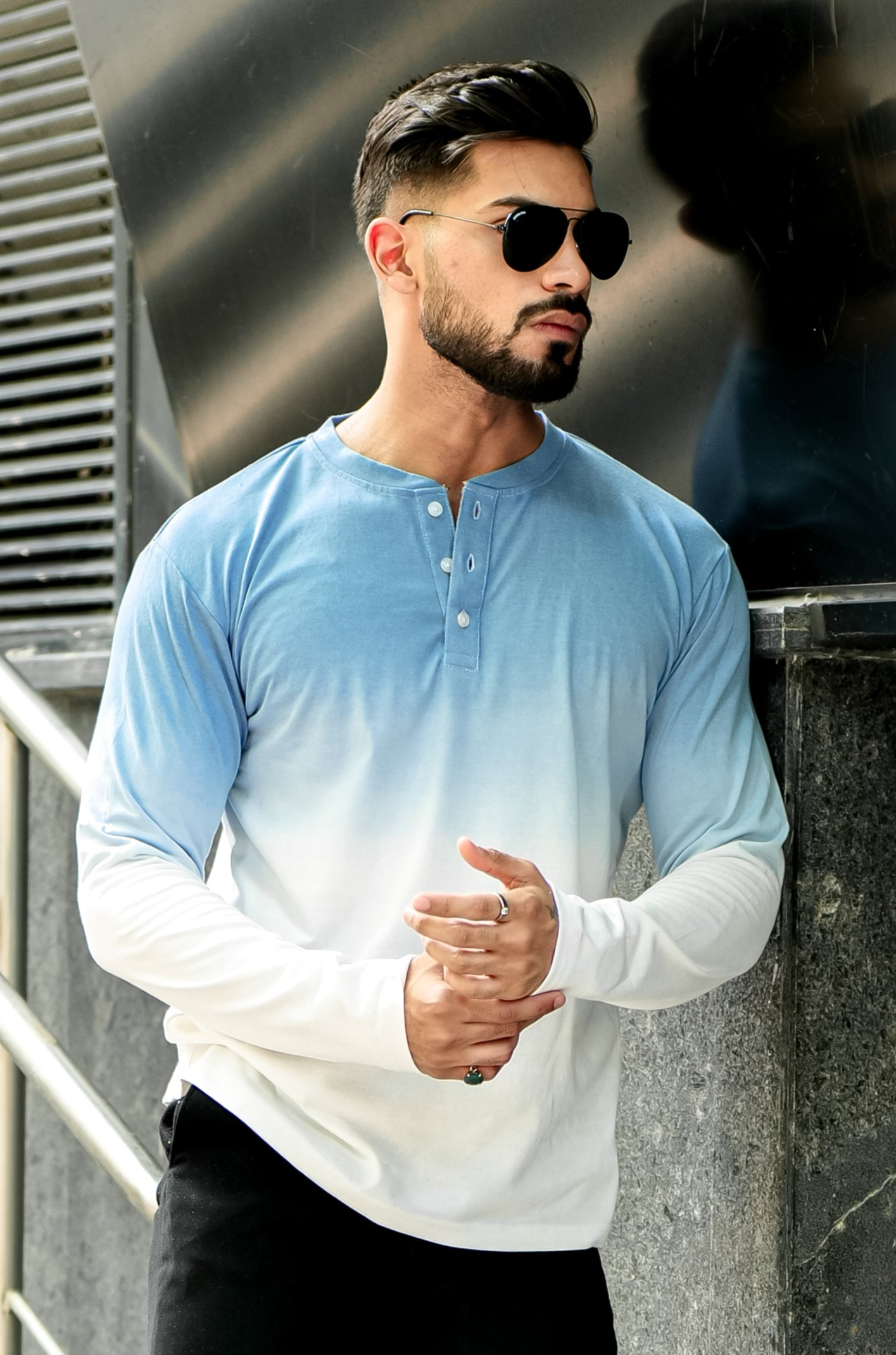 Ombre Blue Dyed Henley Neck T-Shirt