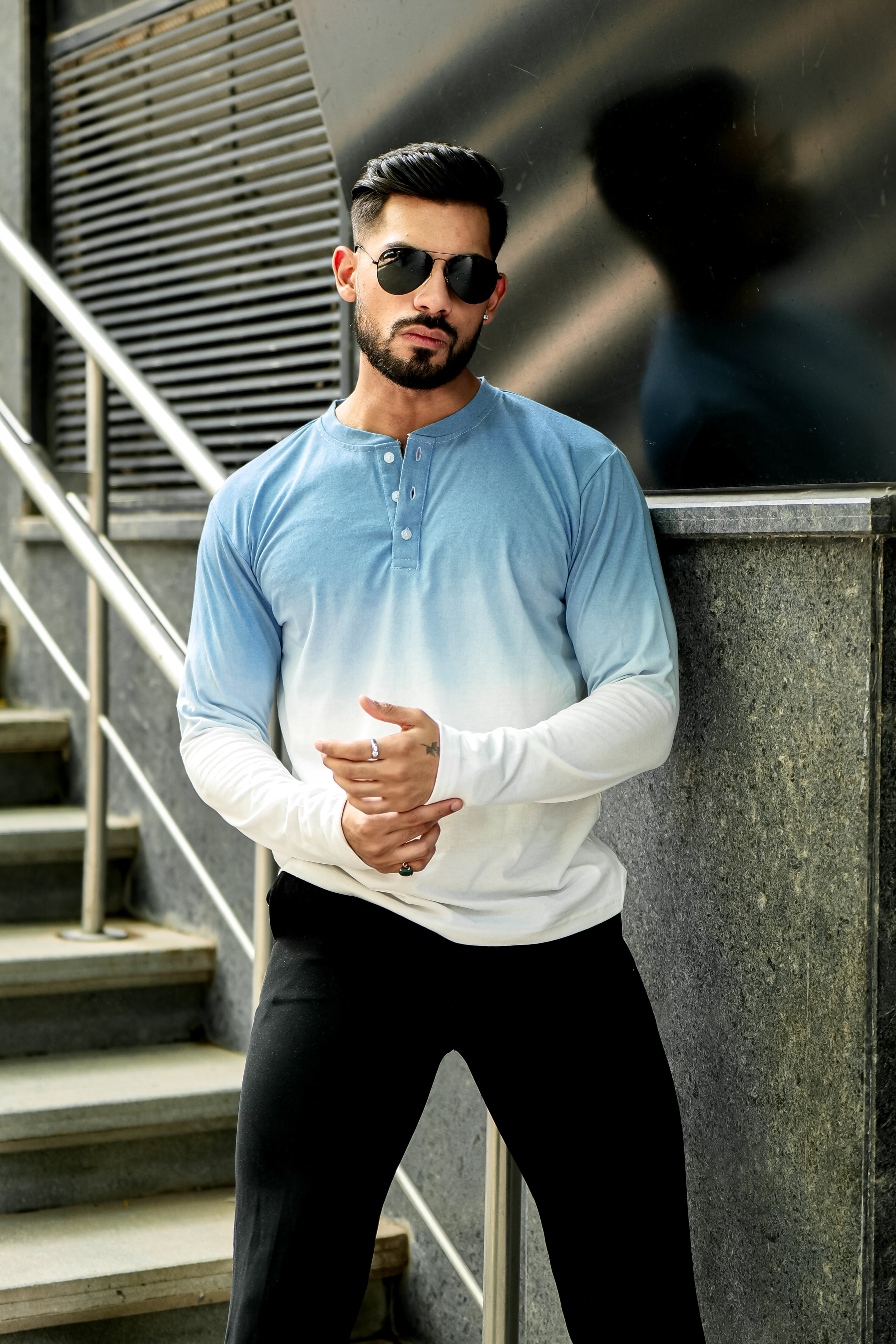 Ombre Blue Dyed Henley Neck T-Shirt