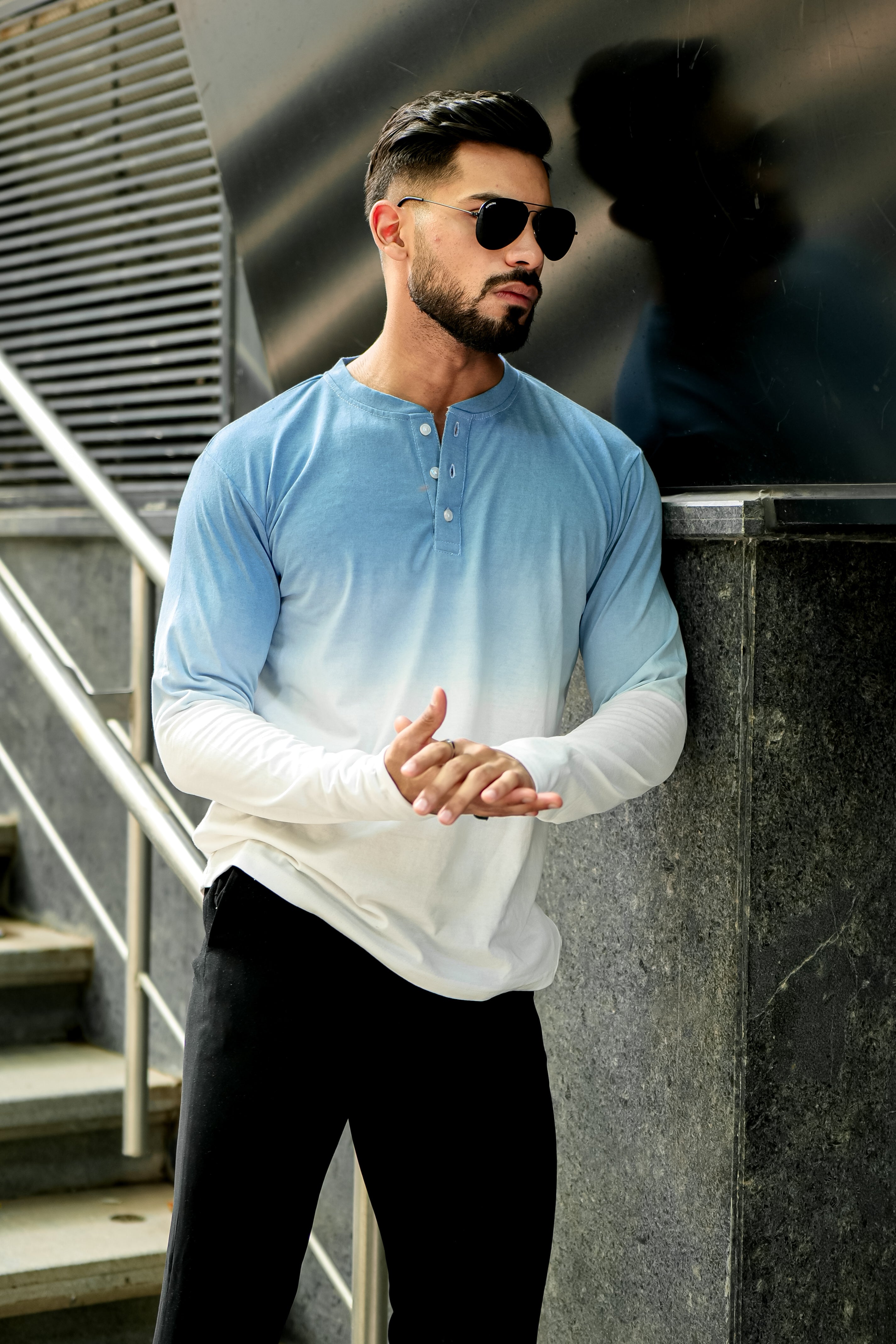 Ombre Blue Dyed Henley Neck T-Shirt