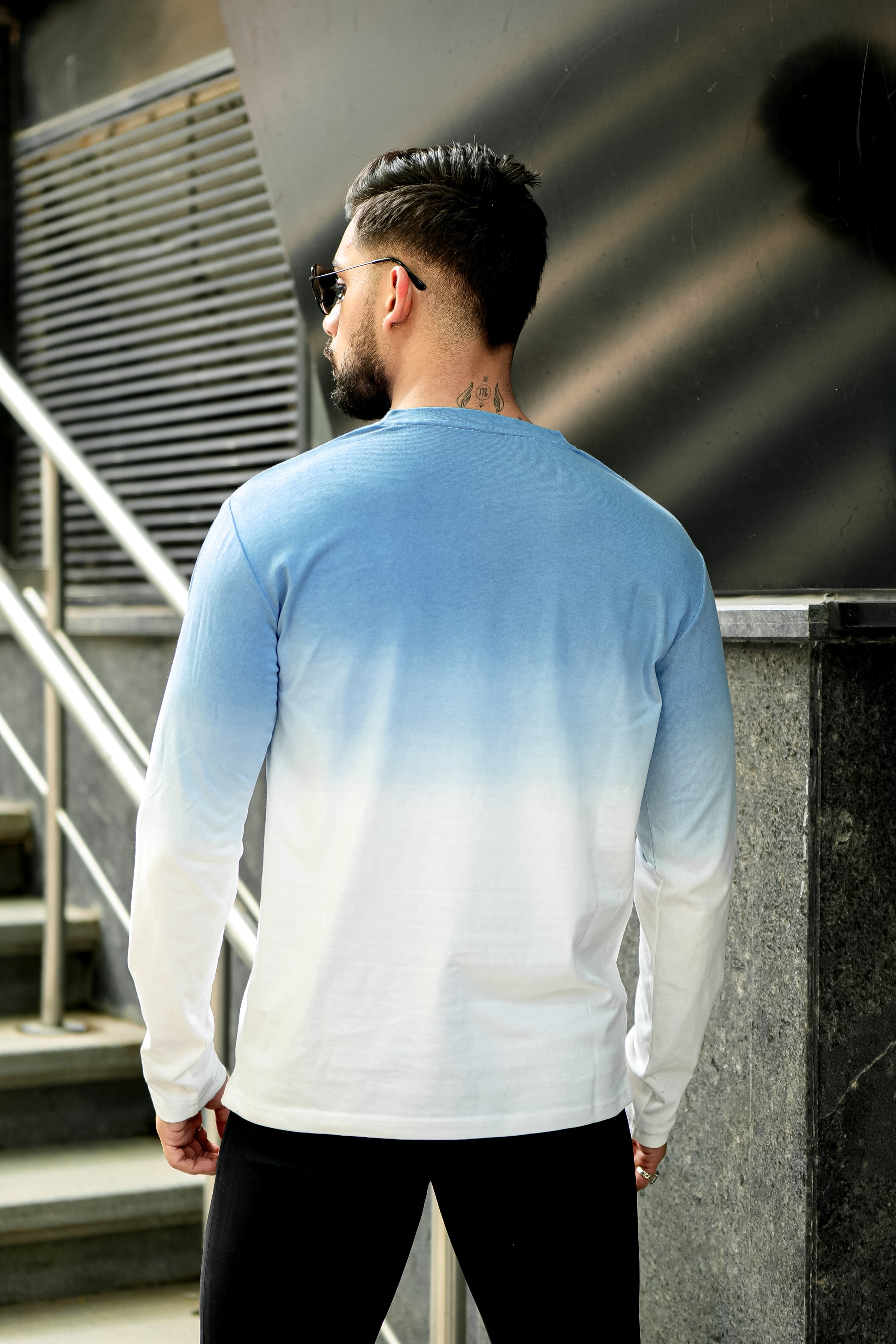 Ombre Blue Dyed Henley Neck T-Shirt