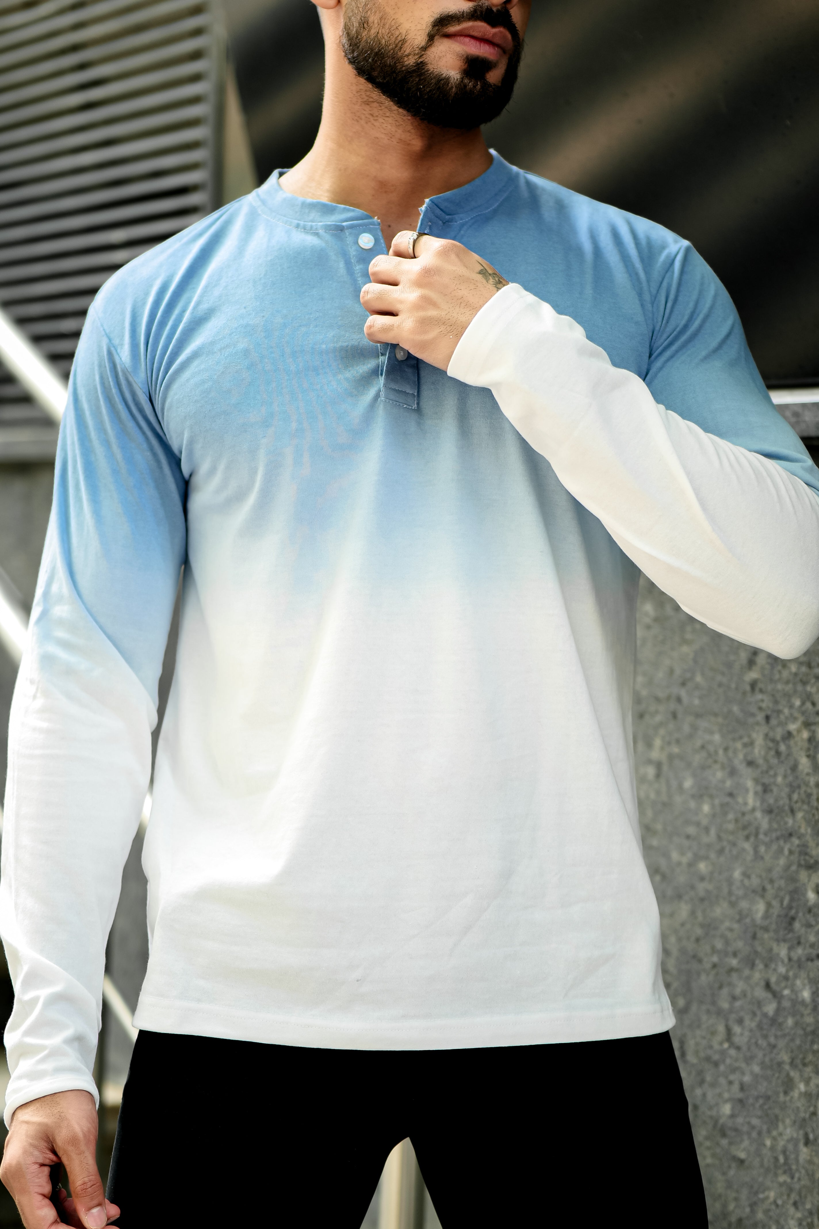 Ombre Blue Dyed Henley Neck T-Shirt