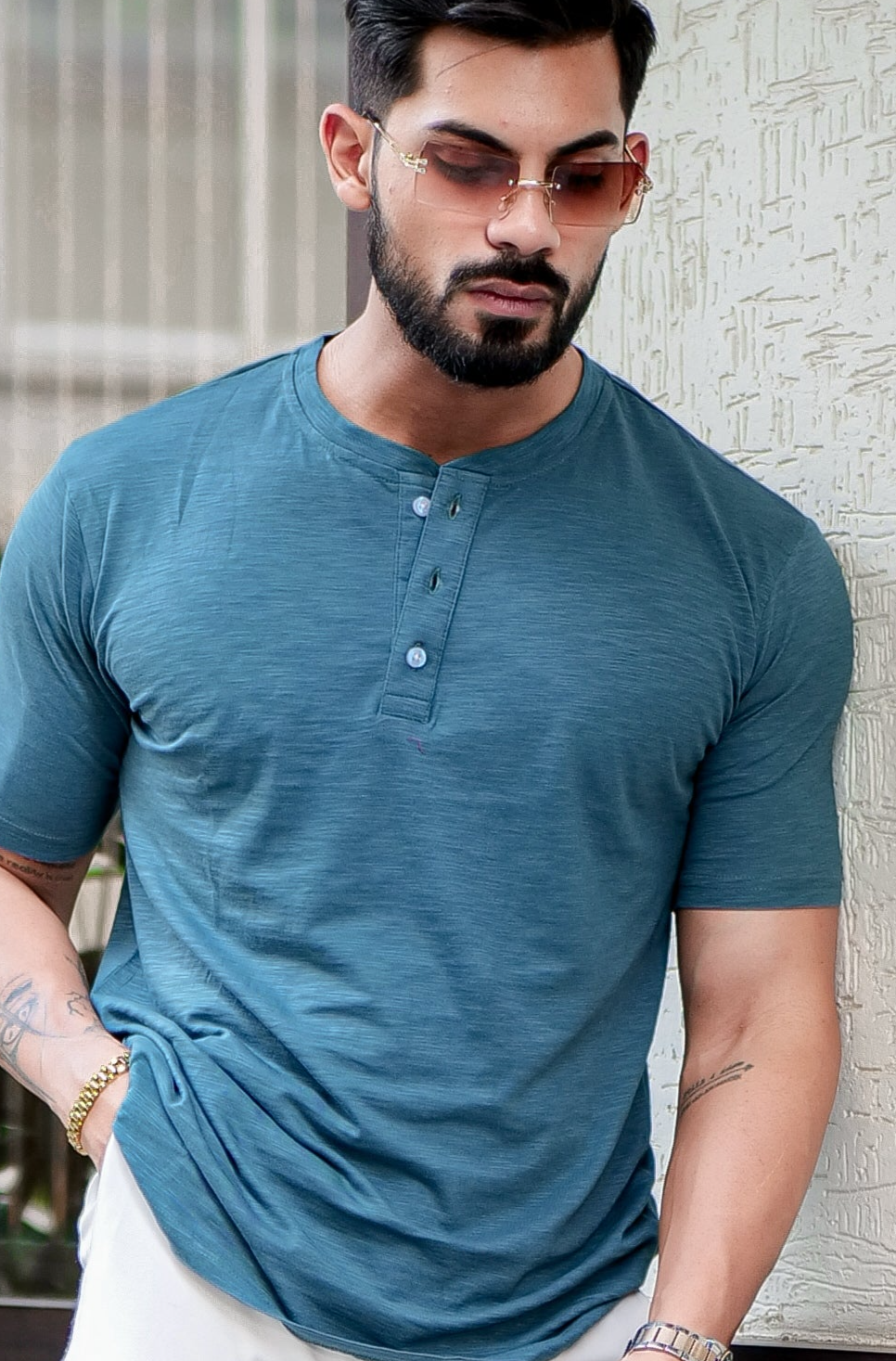 Green Henley Self Design T-Shirt