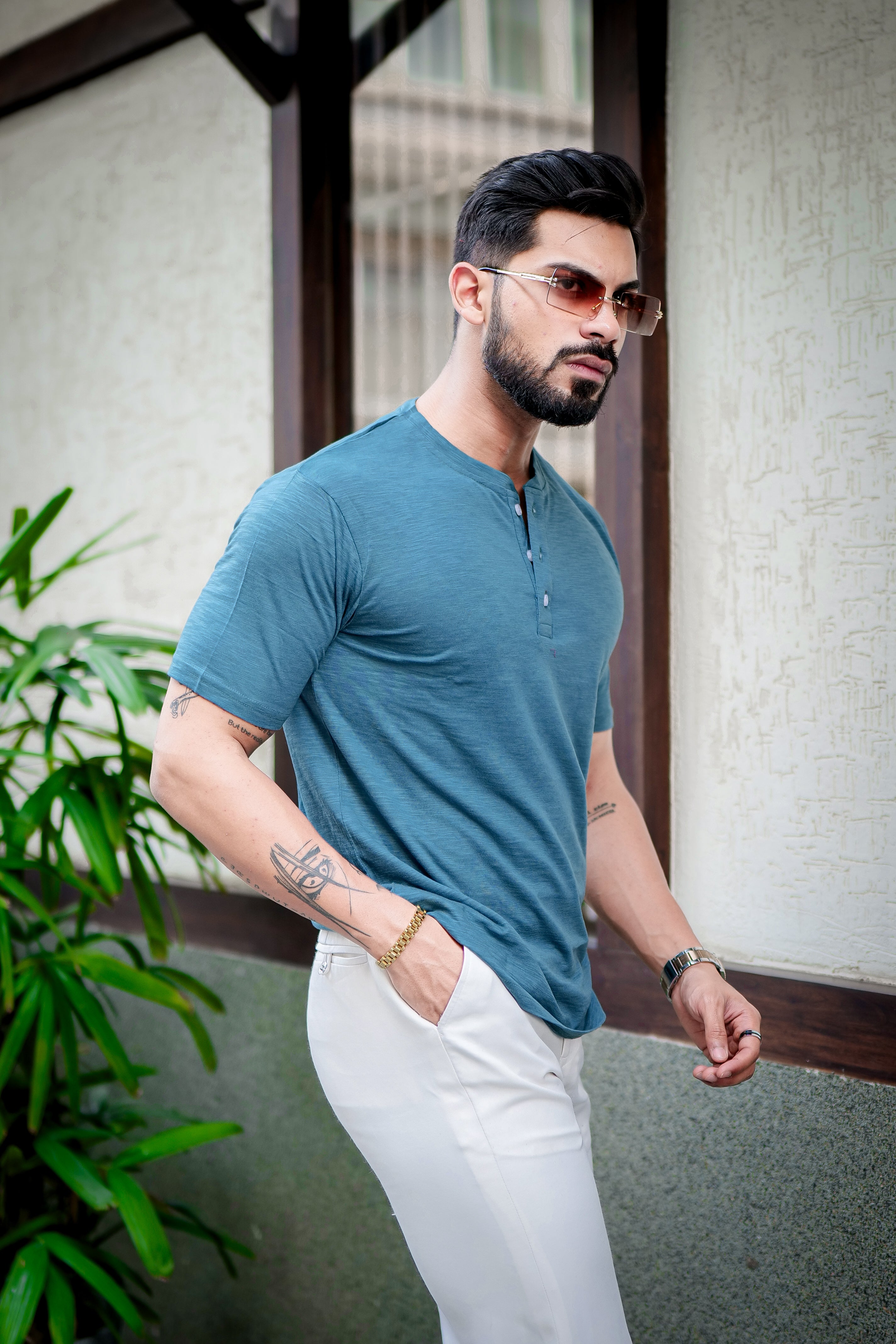 Green Henley Self Design T-Shirt