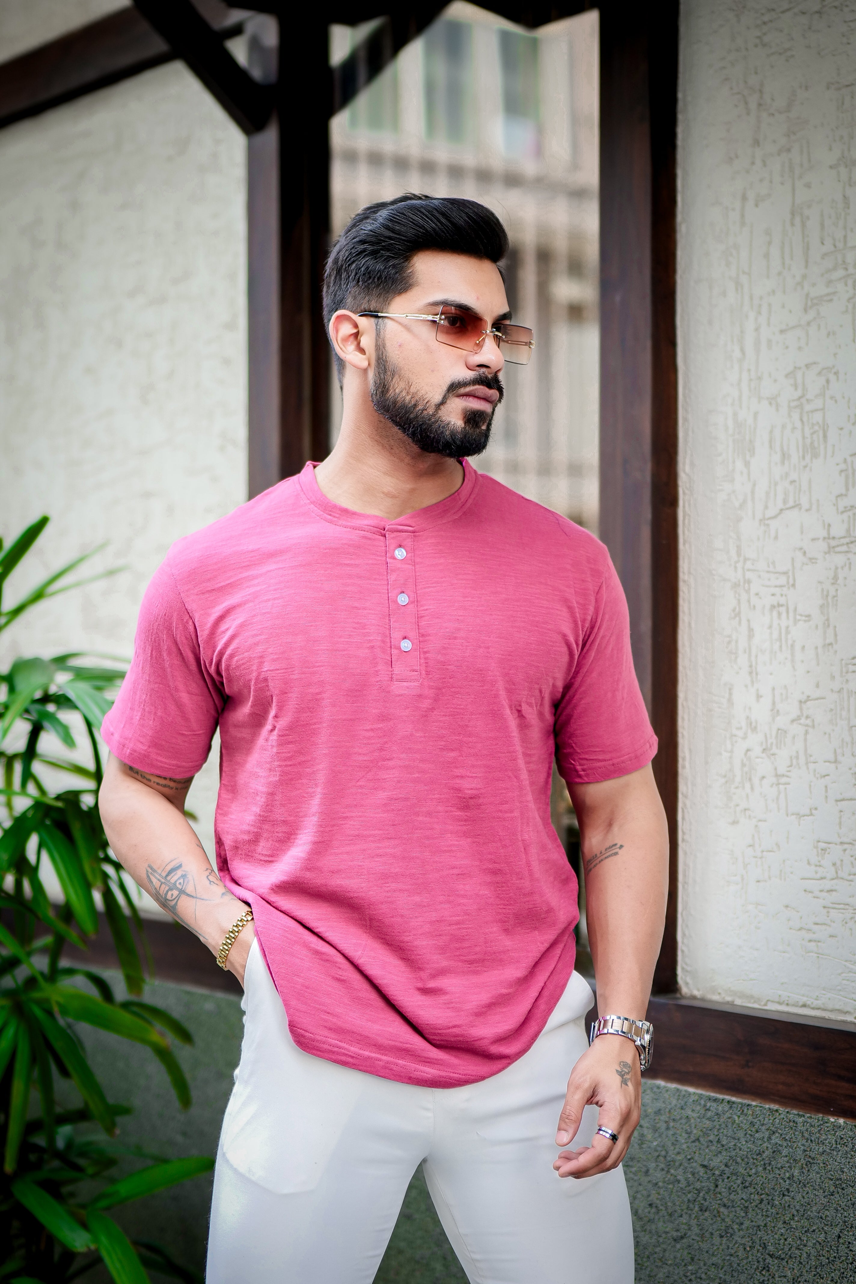 Wine Self Design Henley T-Shirt