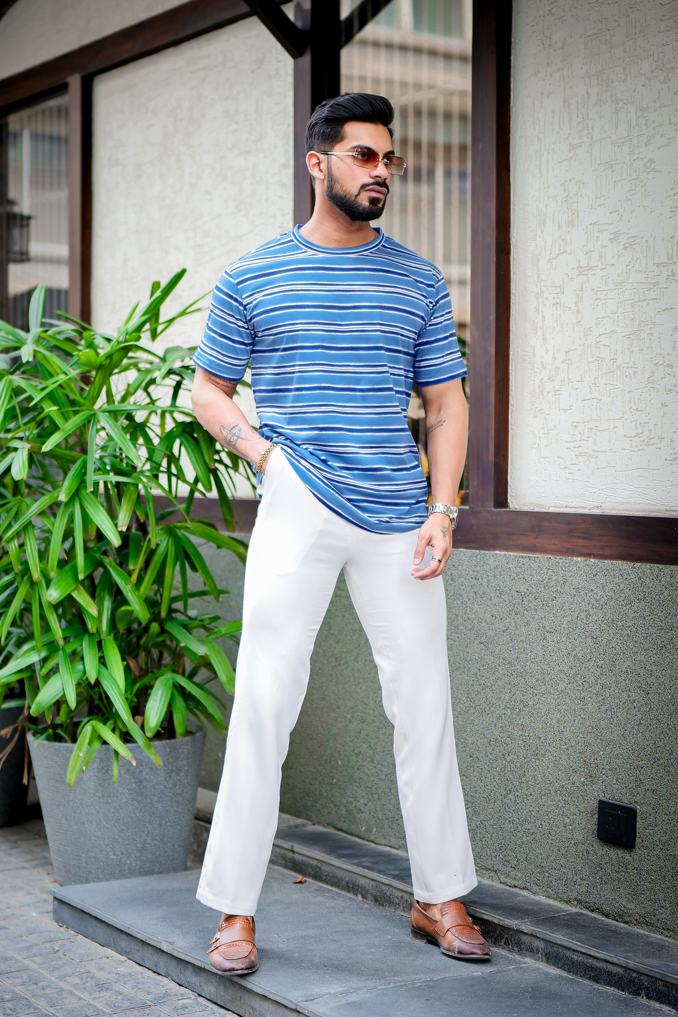 Blue Horizontal Stripes Cotton T-Shirt