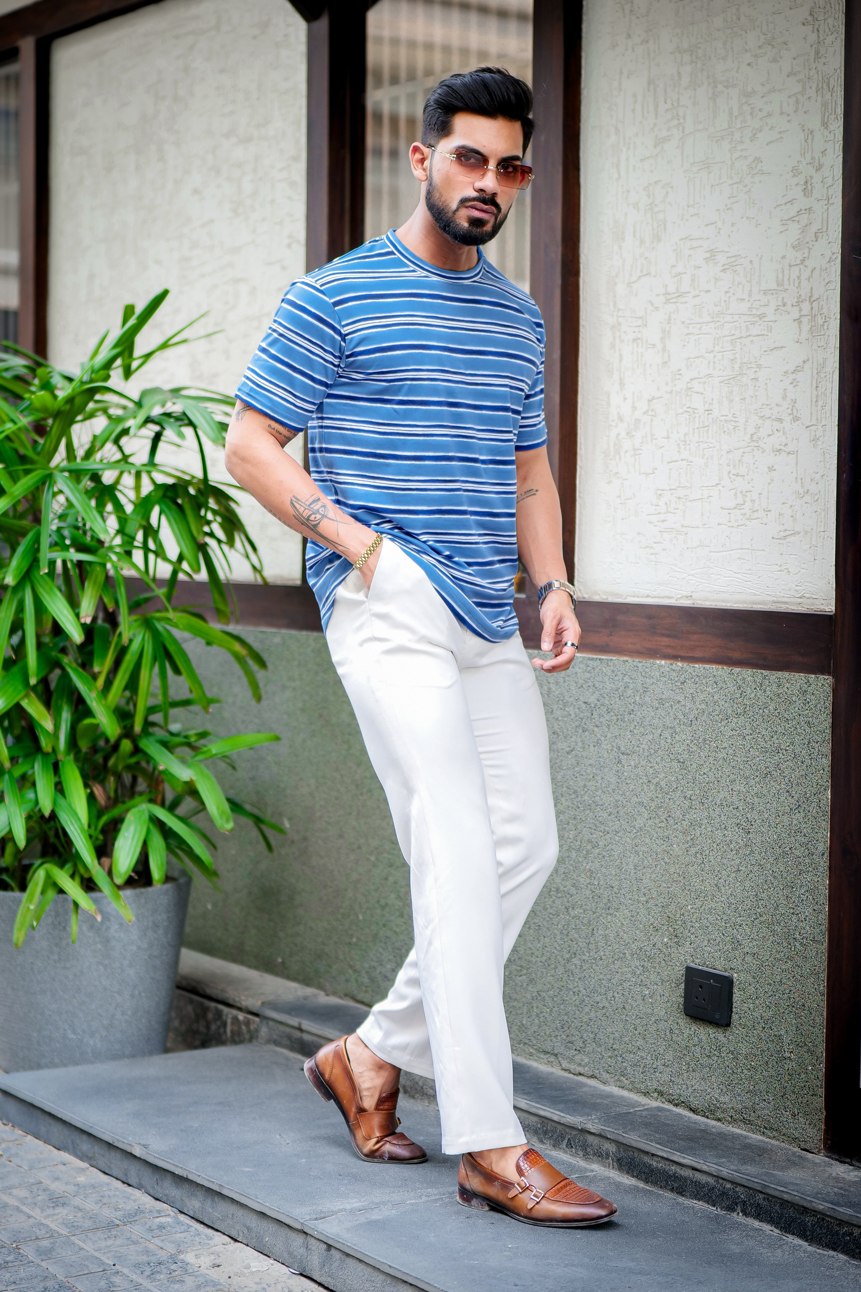 Blue Horizontal Stripes Cotton T-Shirt