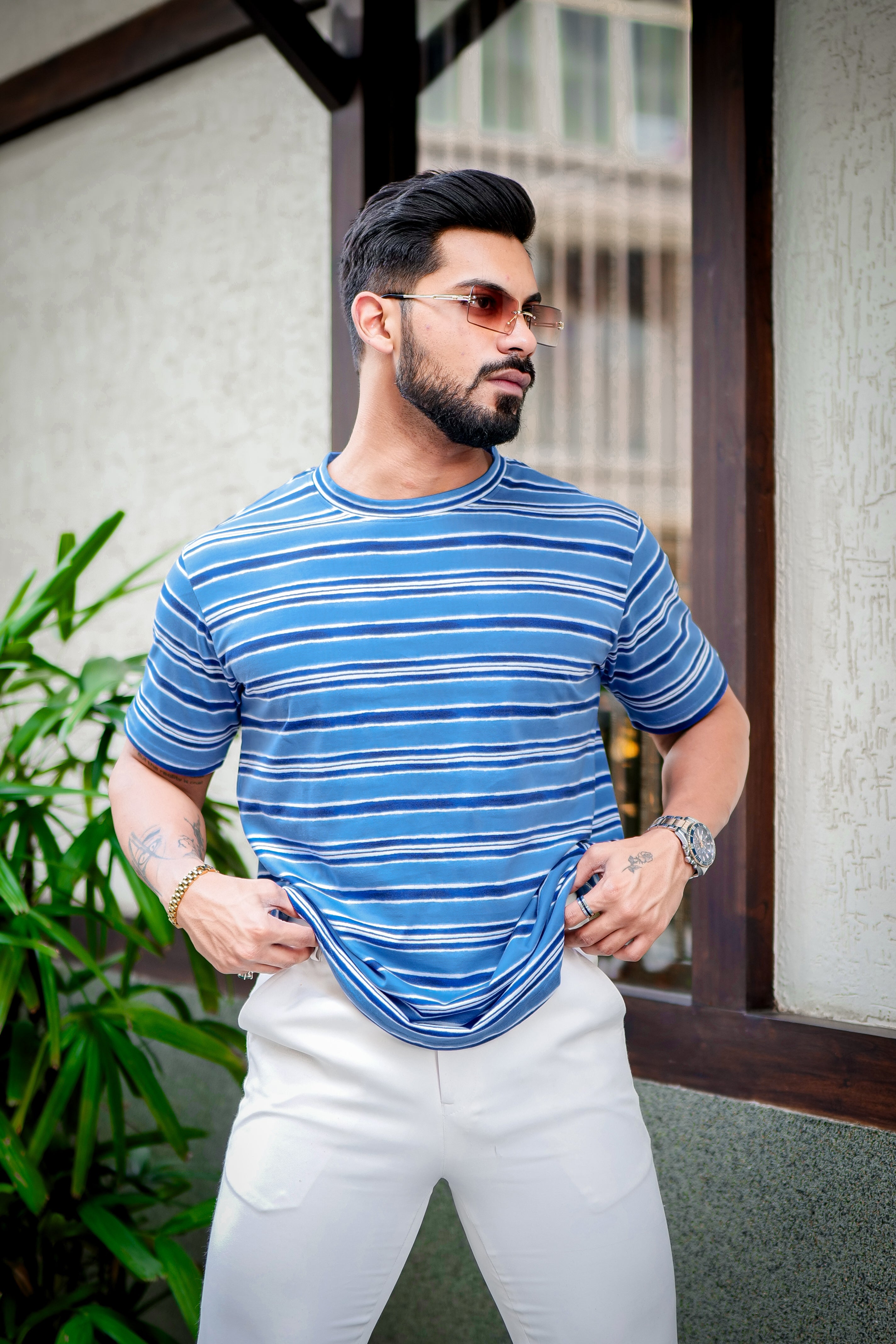 Blue Horizontal Stripes Cotton T-Shirt