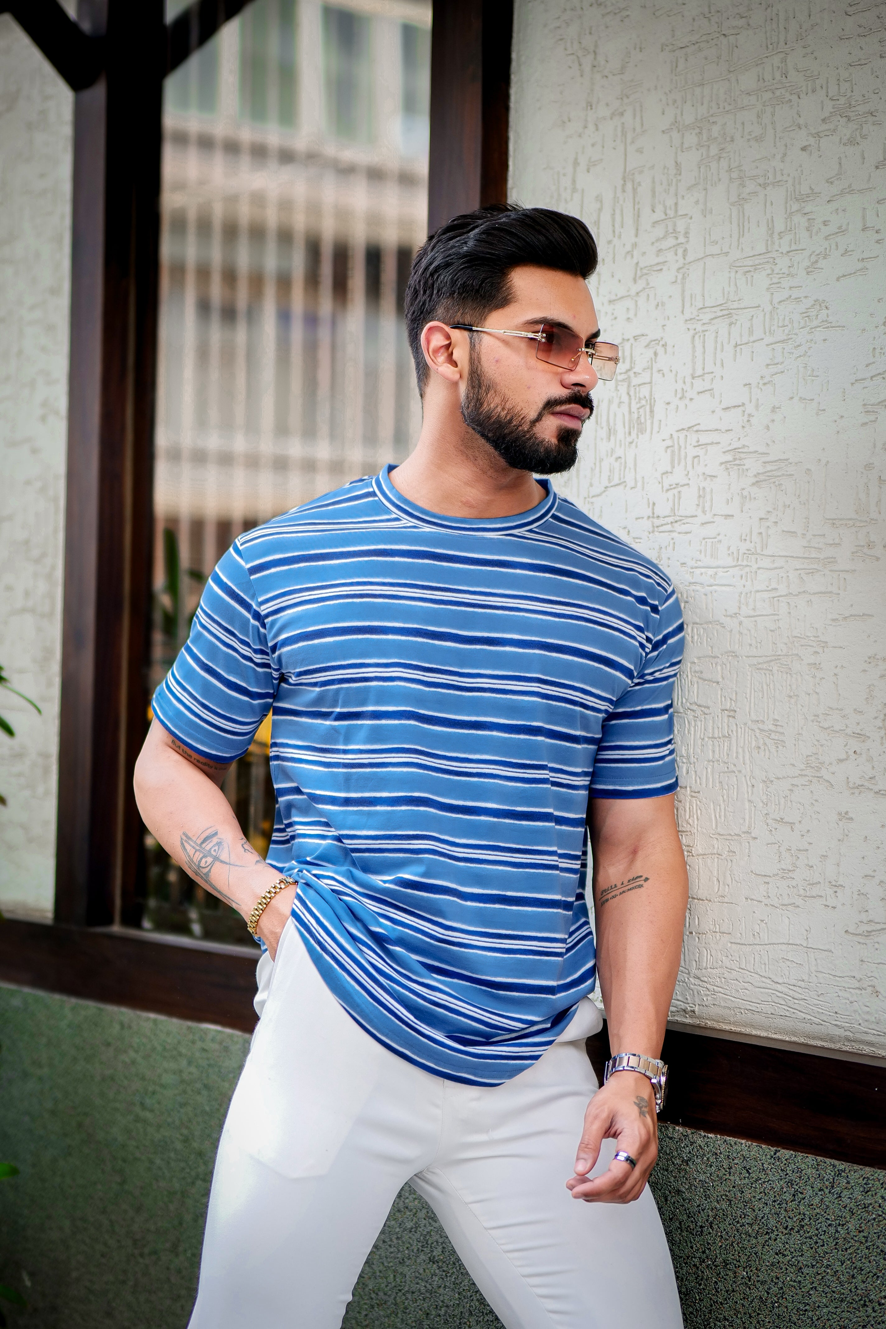 Blue Horizontal Stripes Cotton T-Shirt