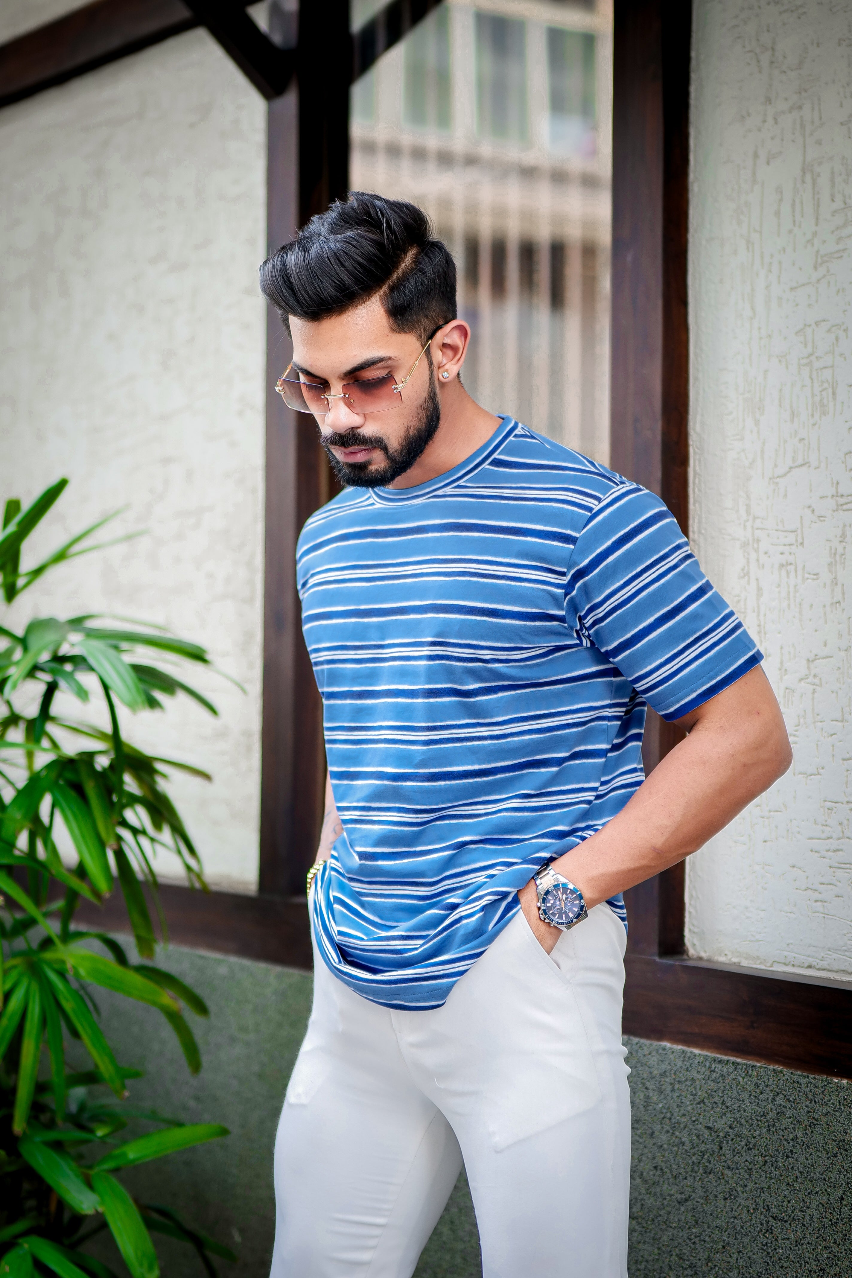 Blue Horizontal Stripes Cotton T-Shirt