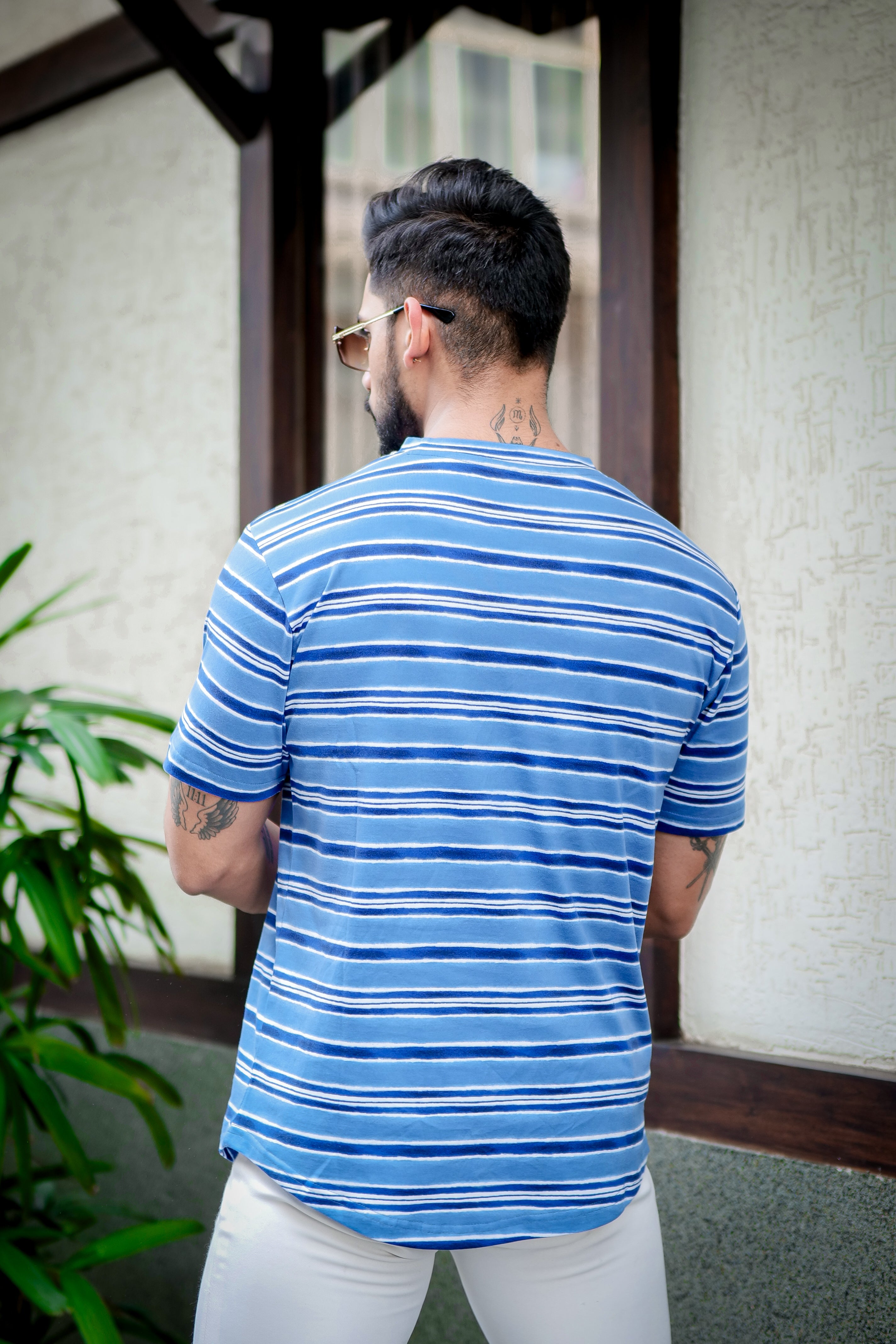 Blue Horizontal Stripes Cotton T-Shirt