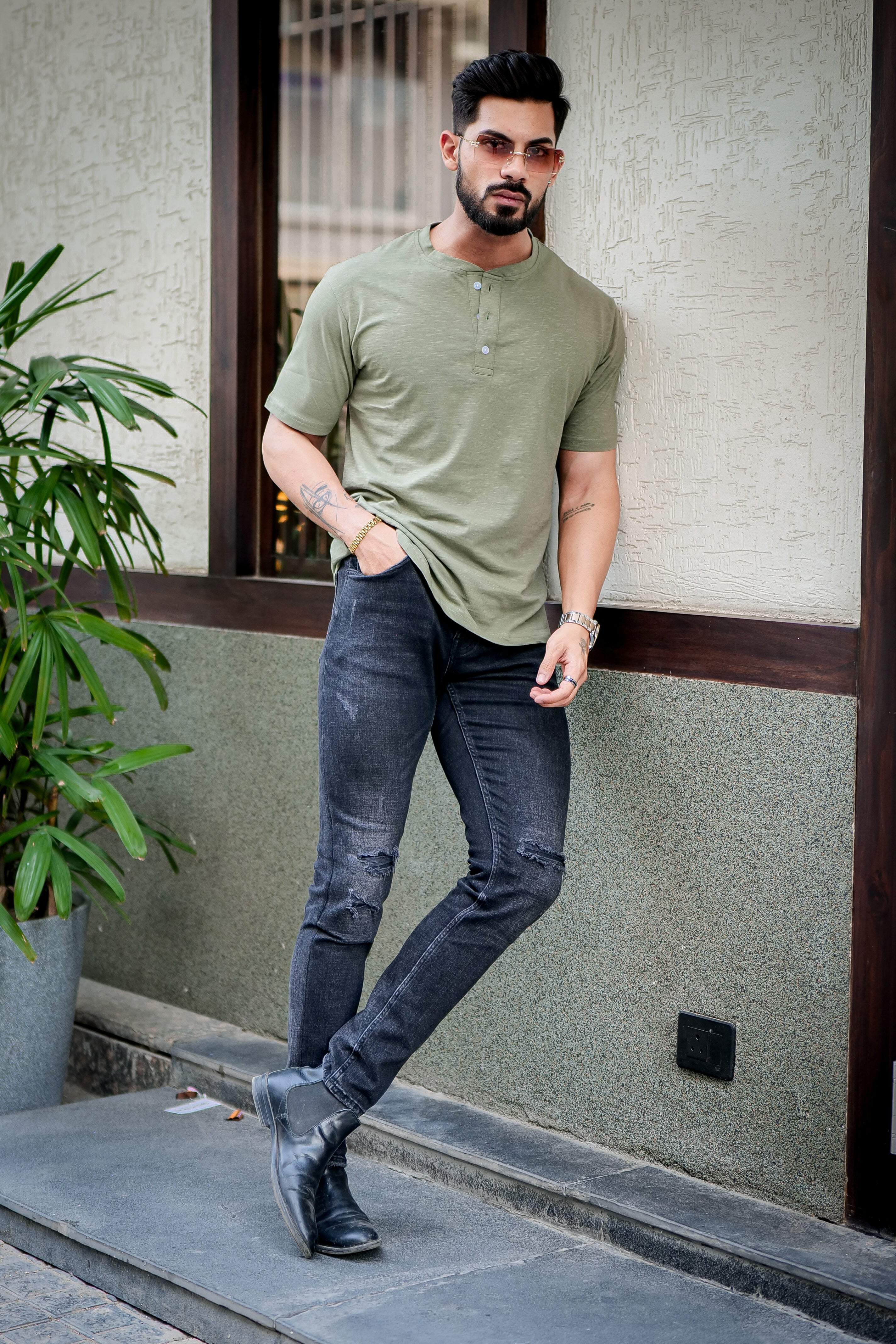 Moss Green Self Design Henley T-Shirt