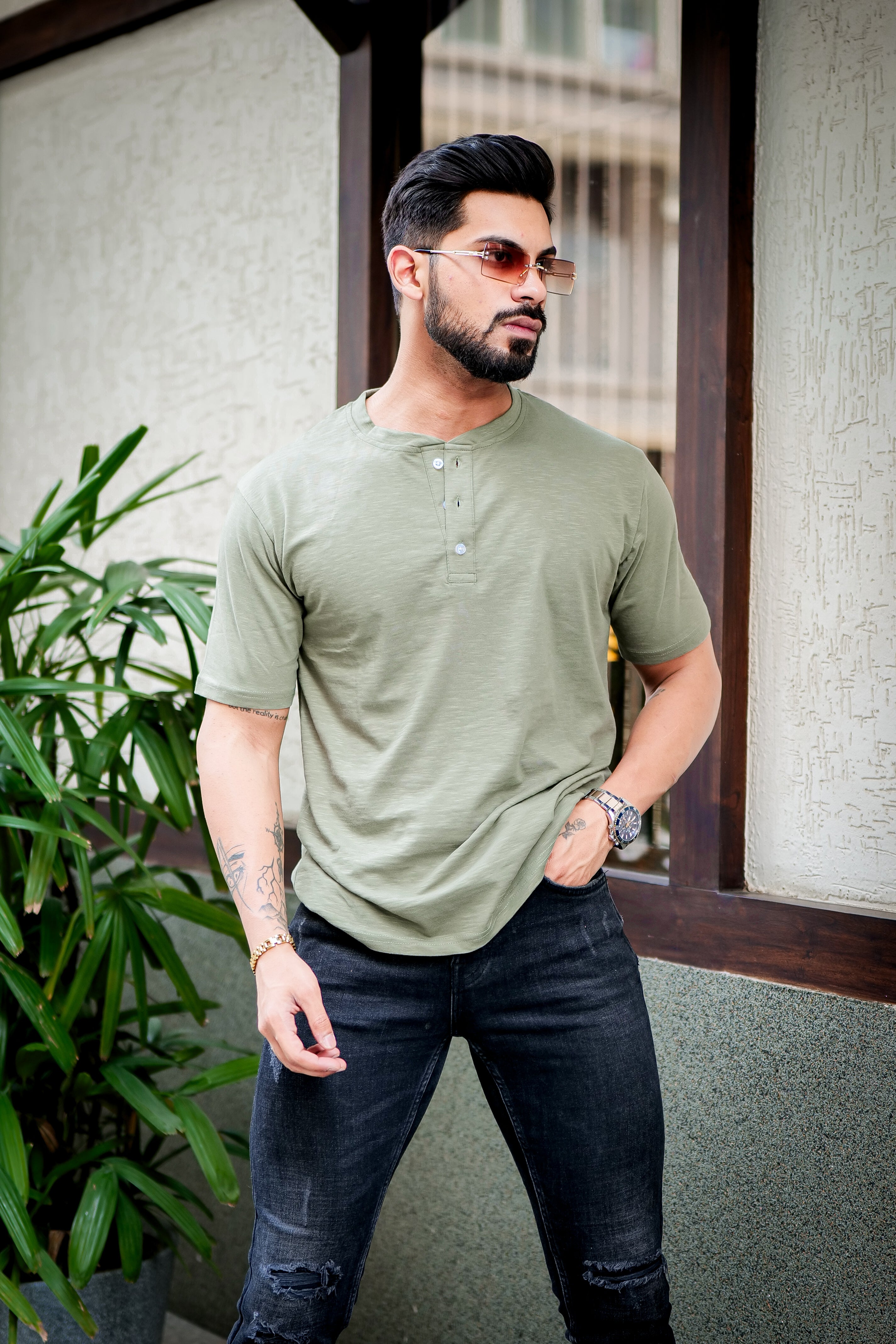 Moss Green Self Design Henley T-Shirt