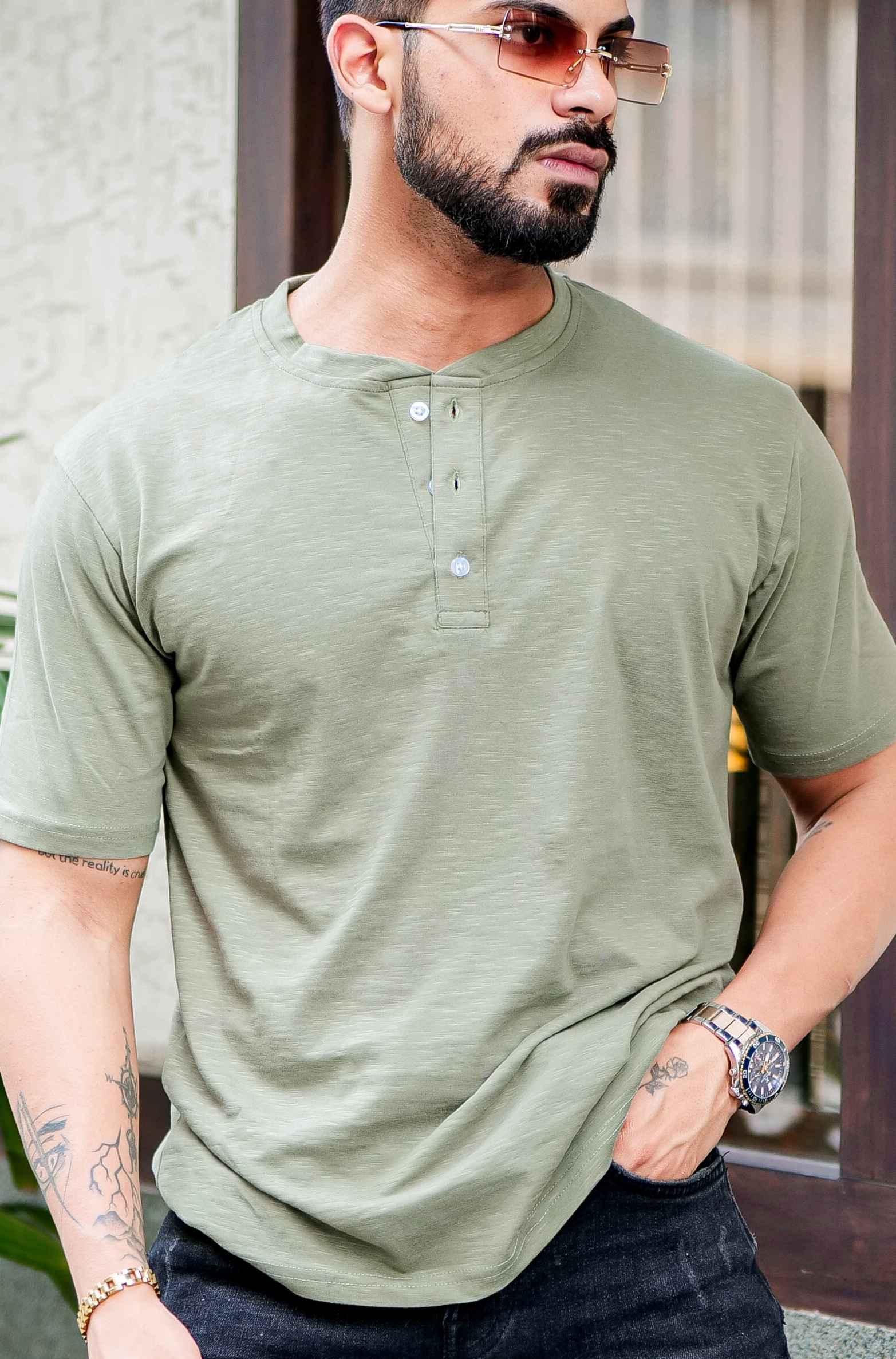 Moss Green Self Design Henley T-Shirt