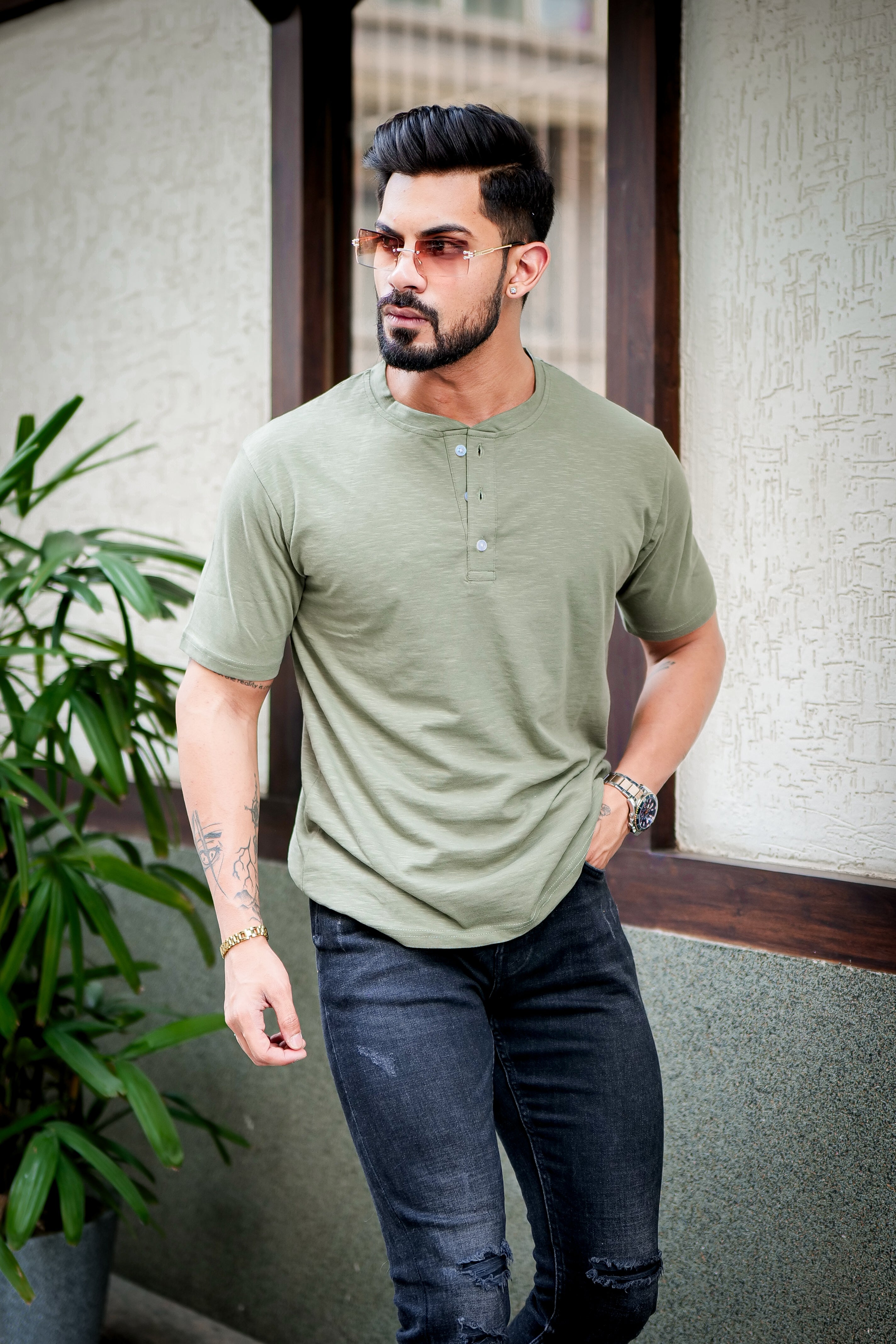 Moss Green Self Design Henley T-Shirt