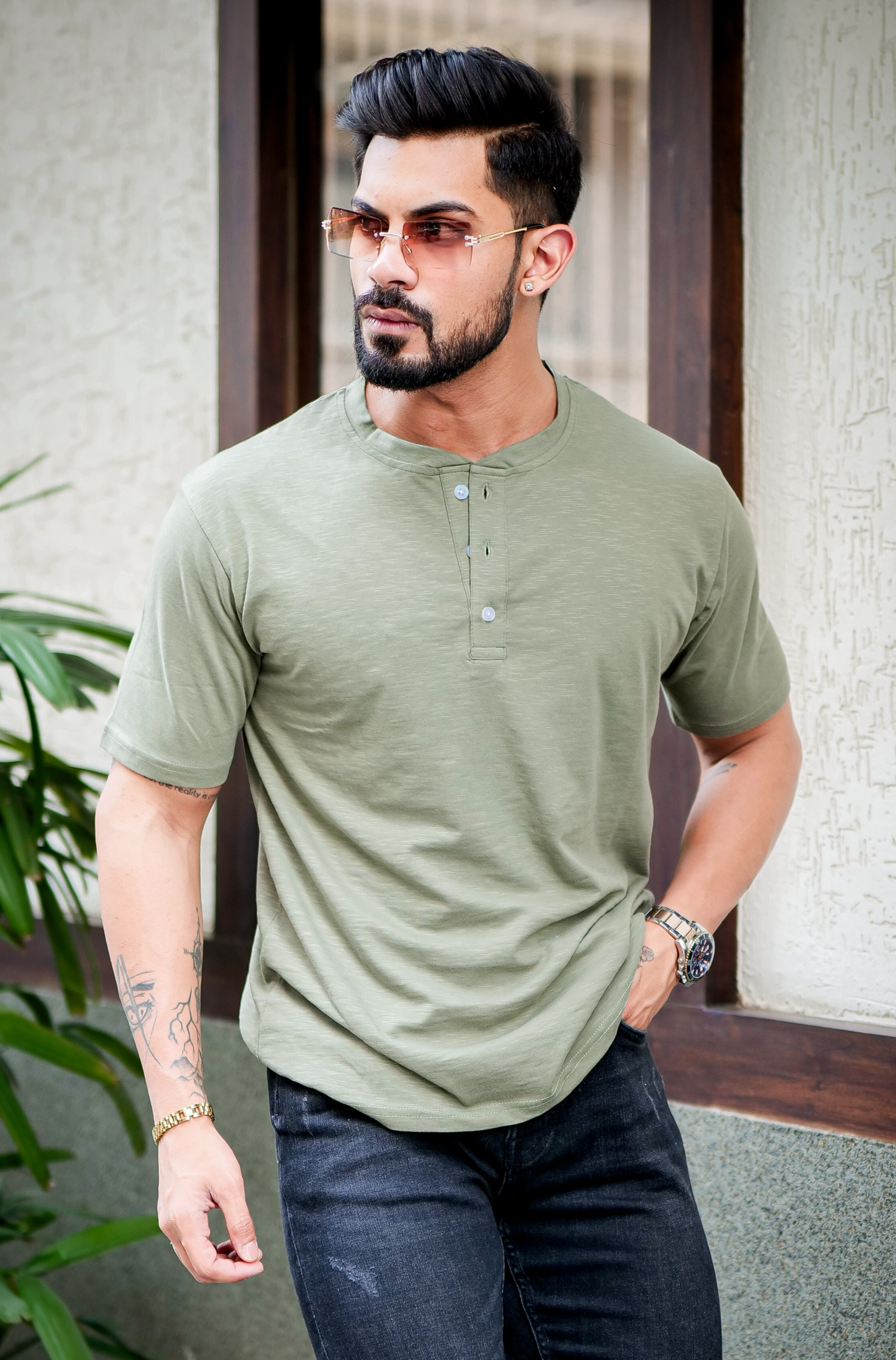 Moss Green Self Design Henley T-Shirt