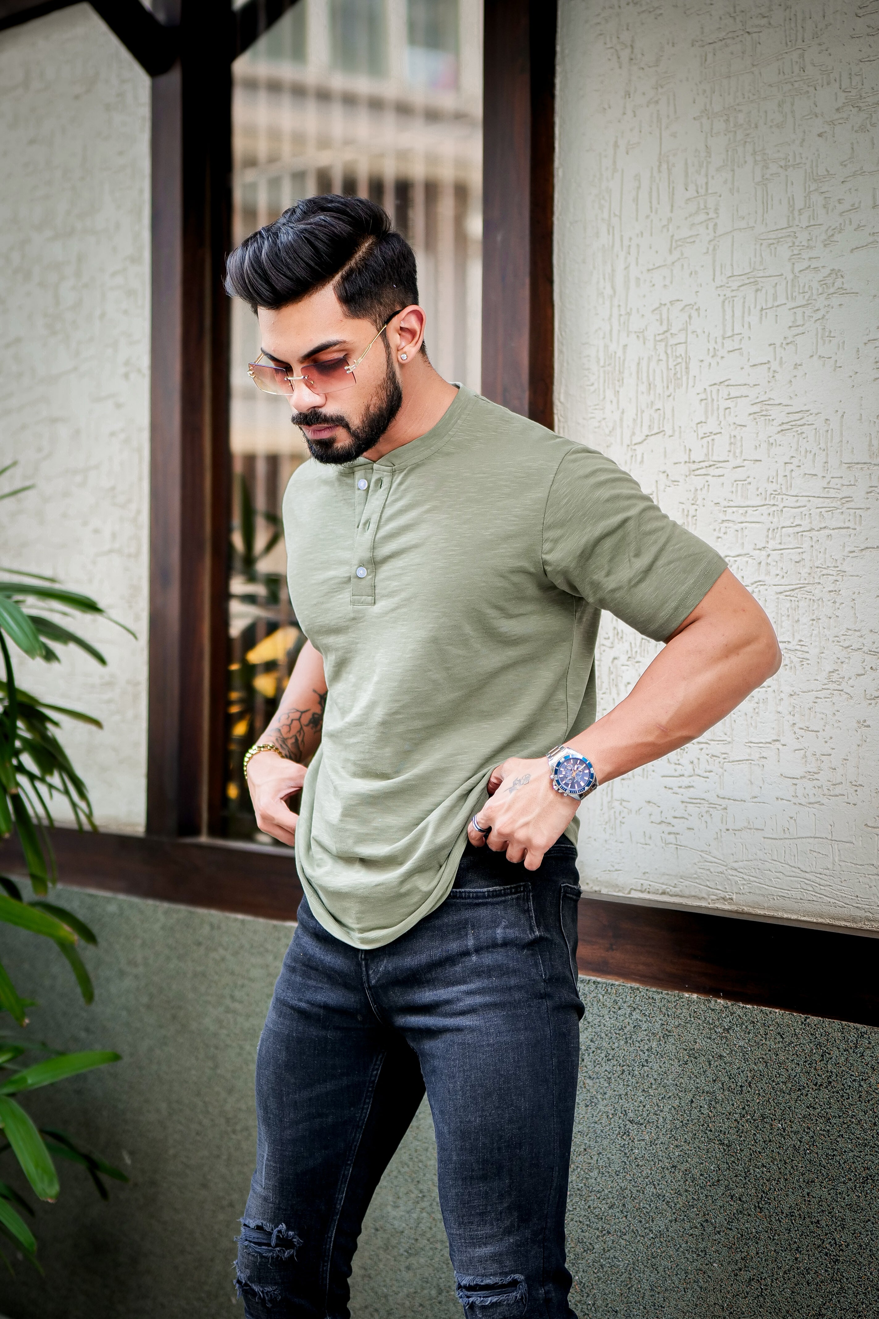 Moss Green Self Design Henley T-Shirt