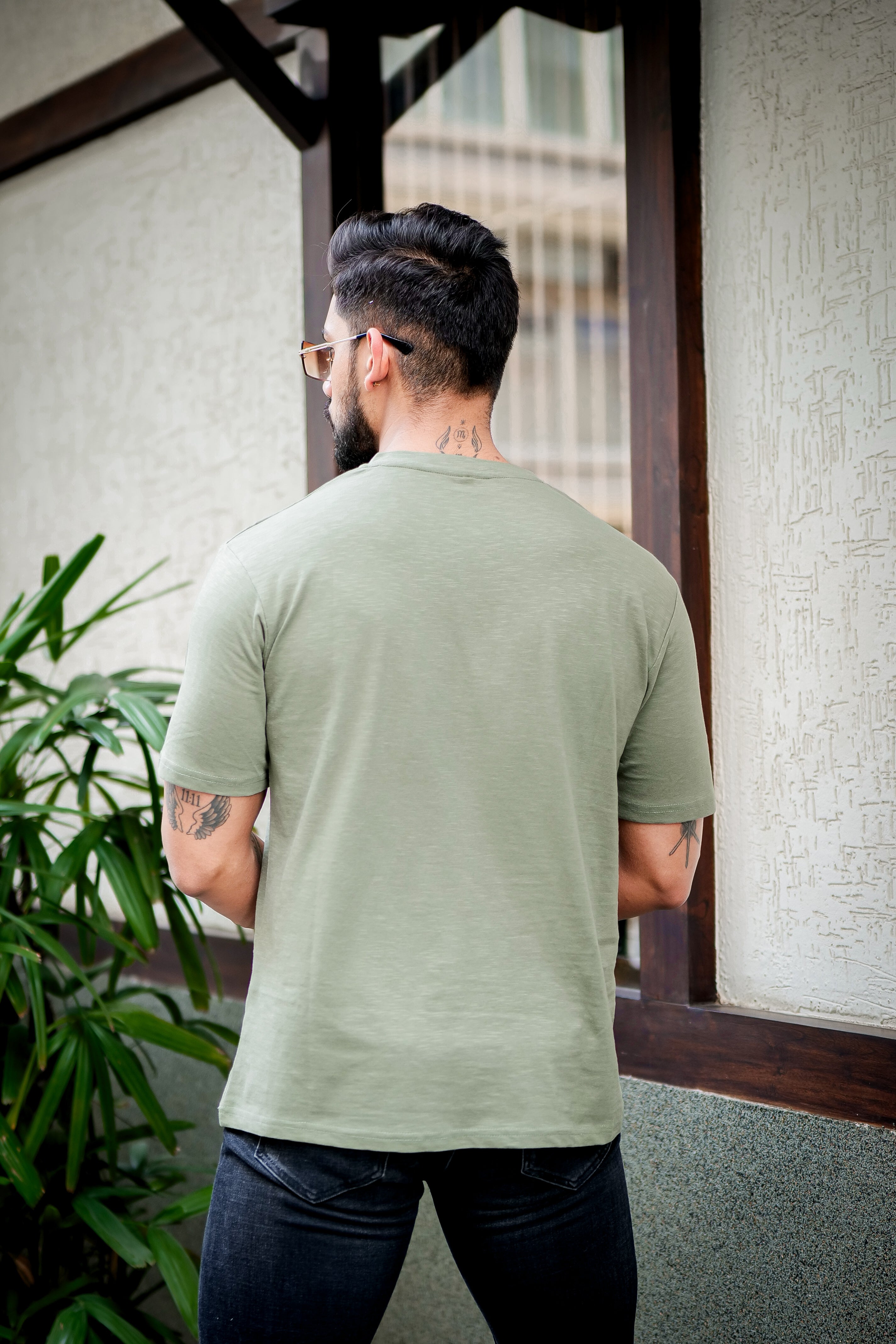 Moss Green Self Design Henley T-Shirt