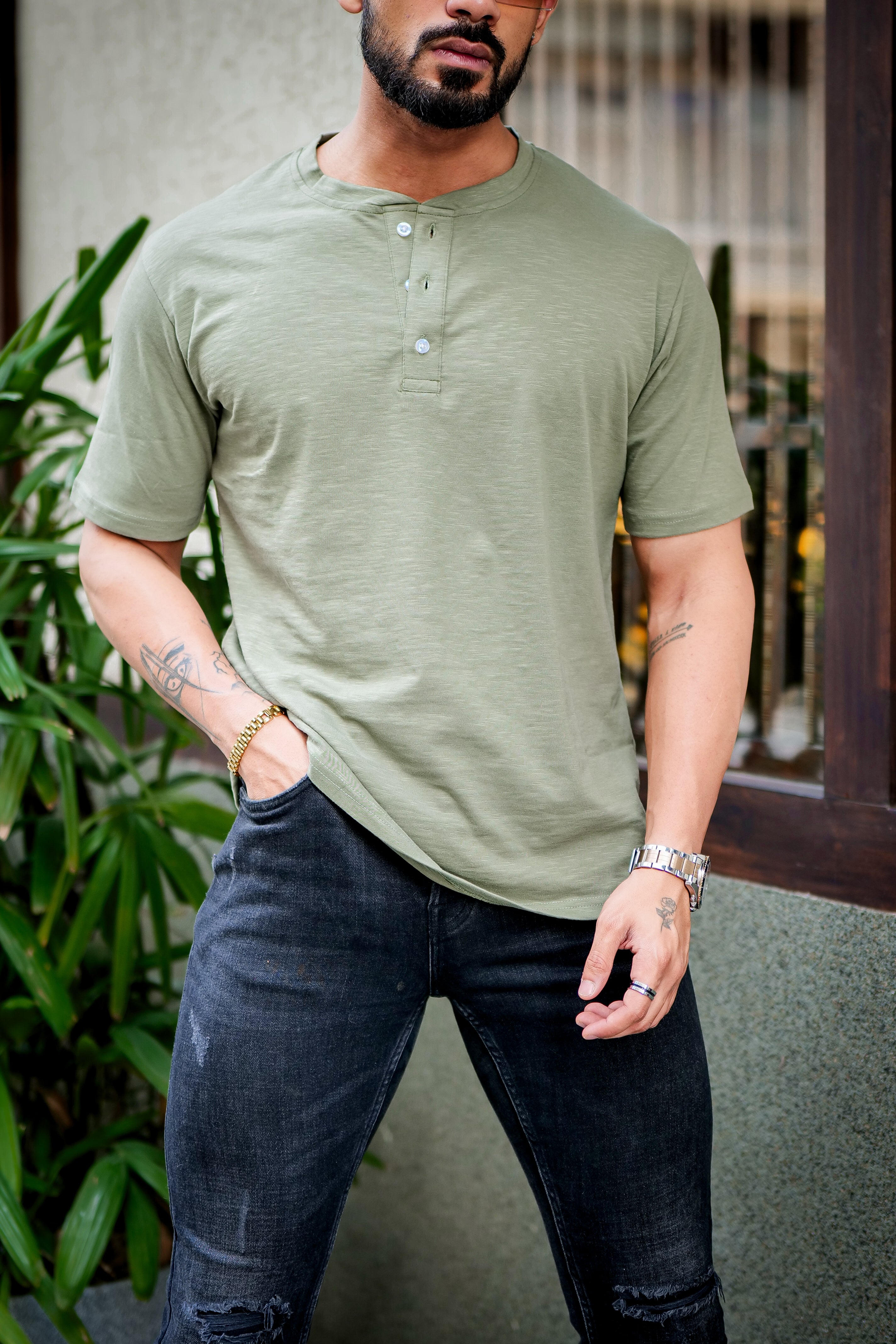 Moss Green Self Design Henley T-Shirt