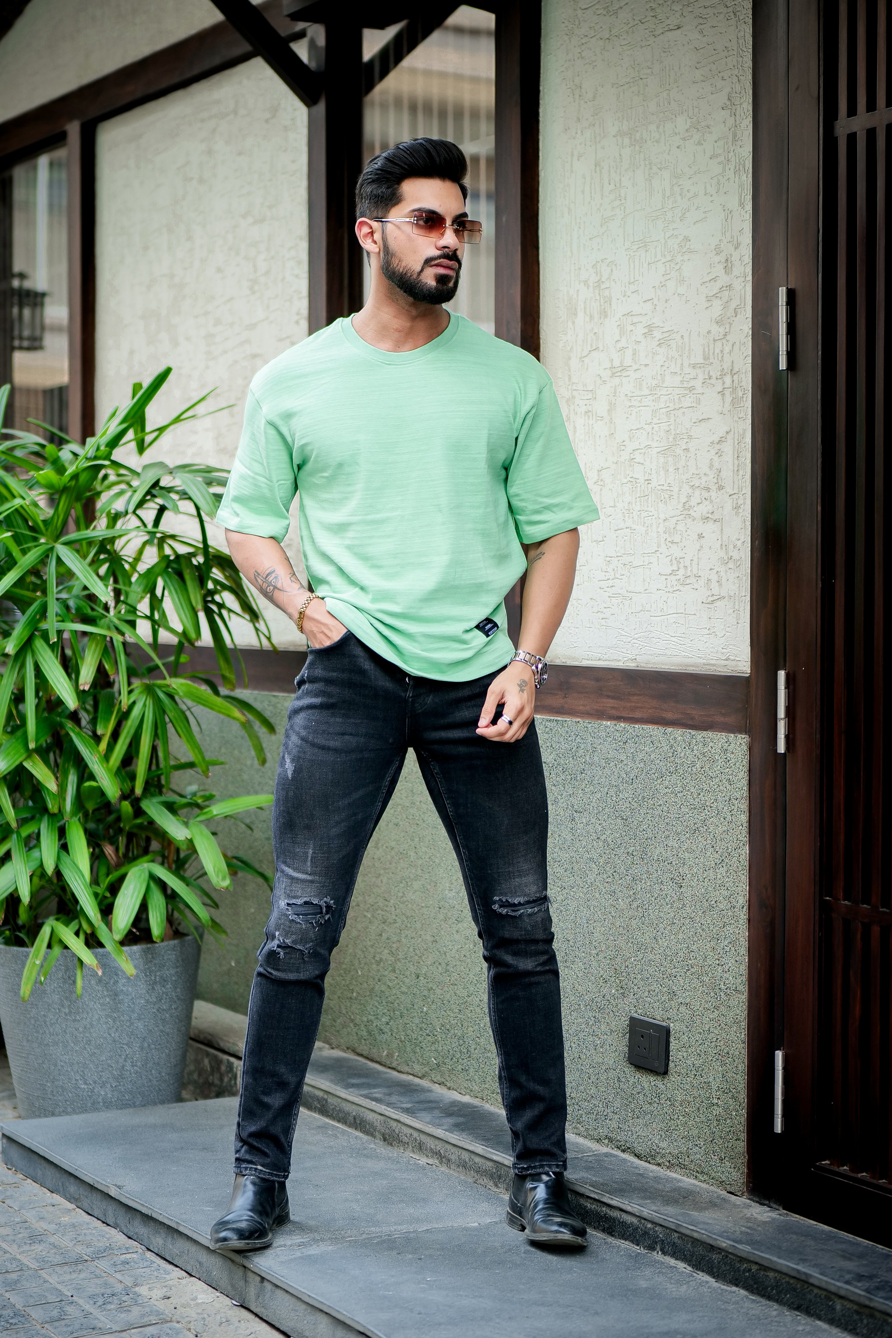 Green Oversized Self Design Slub T-Shirt