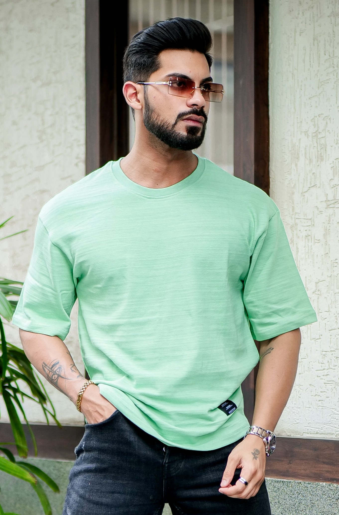 Green Oversized Self Design Slub T-Shirt