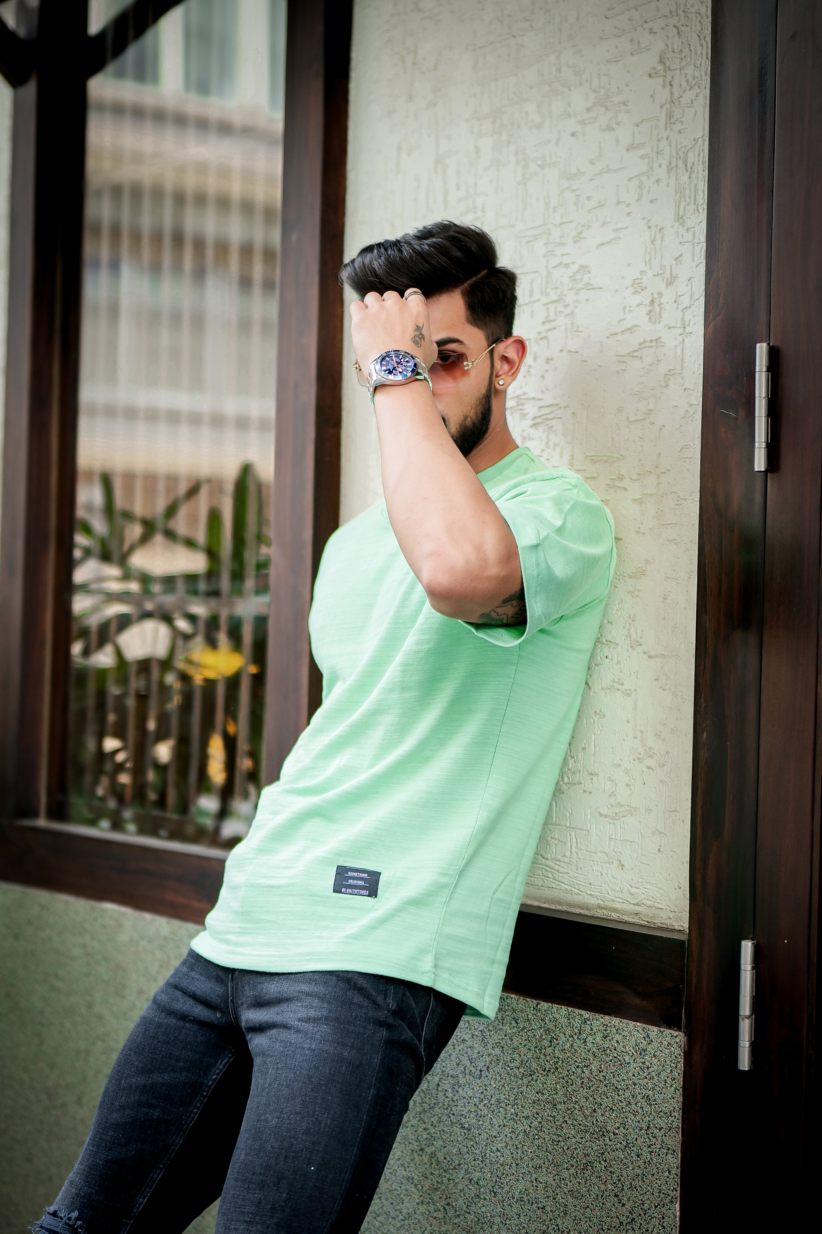 Green Oversized Self Design Slub T-Shirt