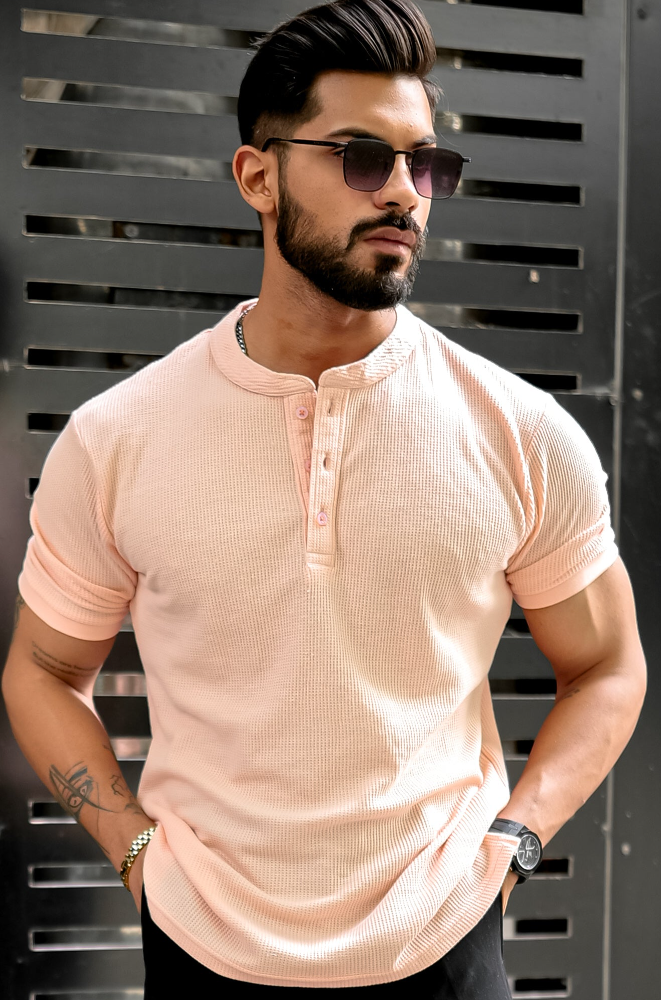 Peach Waffle knit Henley T-Shirt