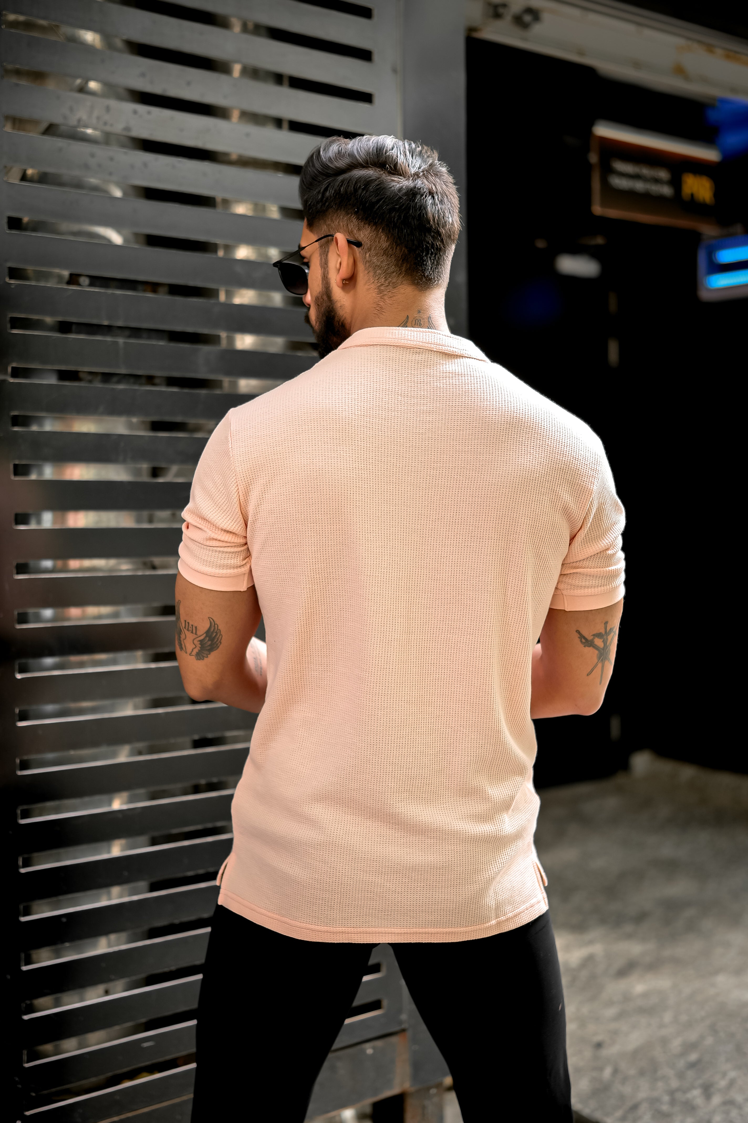 Peach Waffle knit Henley T-Shirt