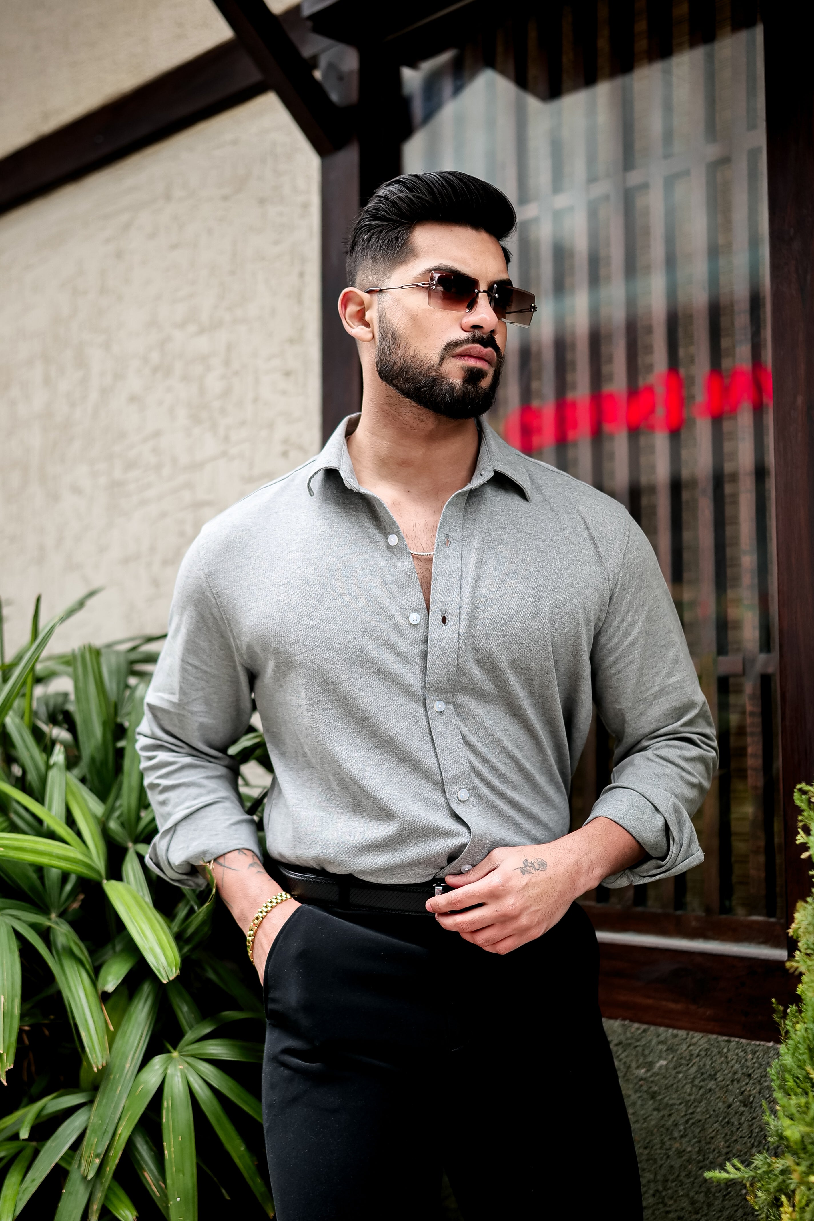 Grey Melange Slim Fit Formal Shirt