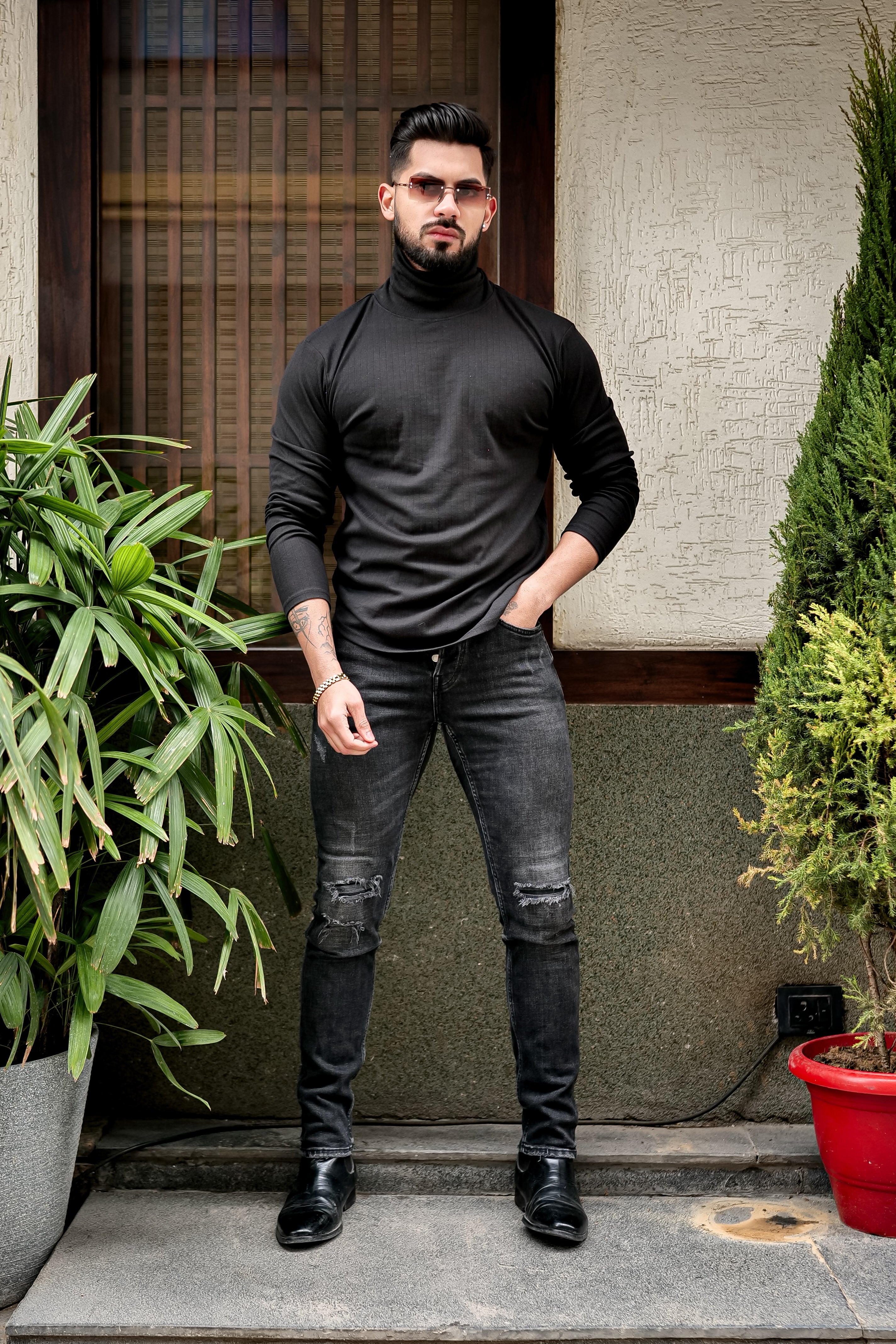 Black Textured High Neck T-Shirt