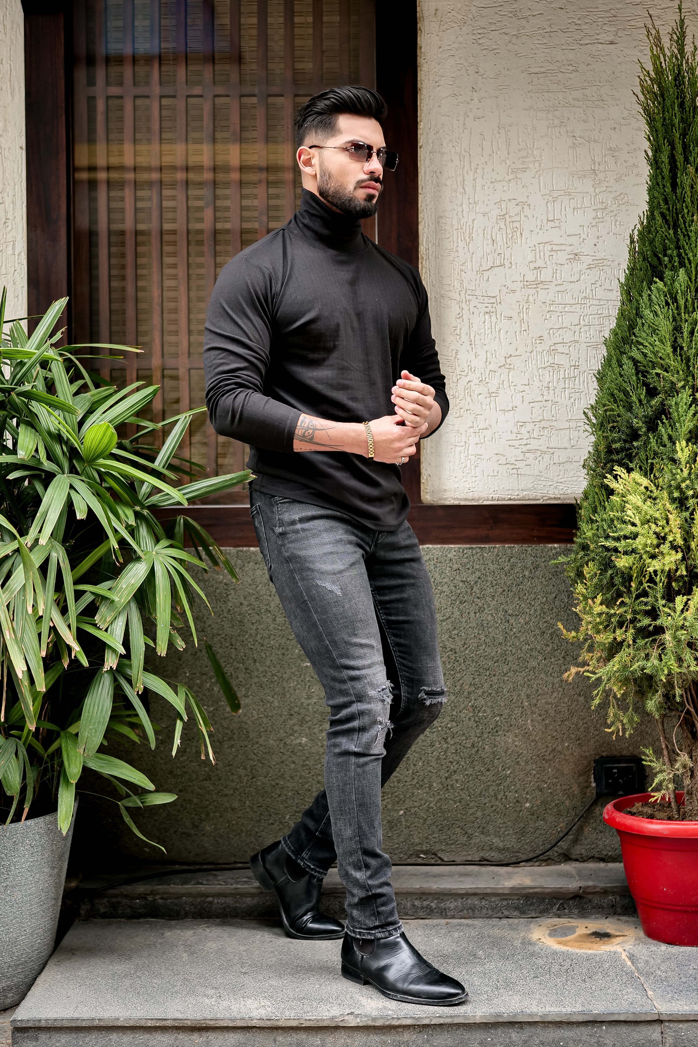 Black Textured High Neck T-Shirt