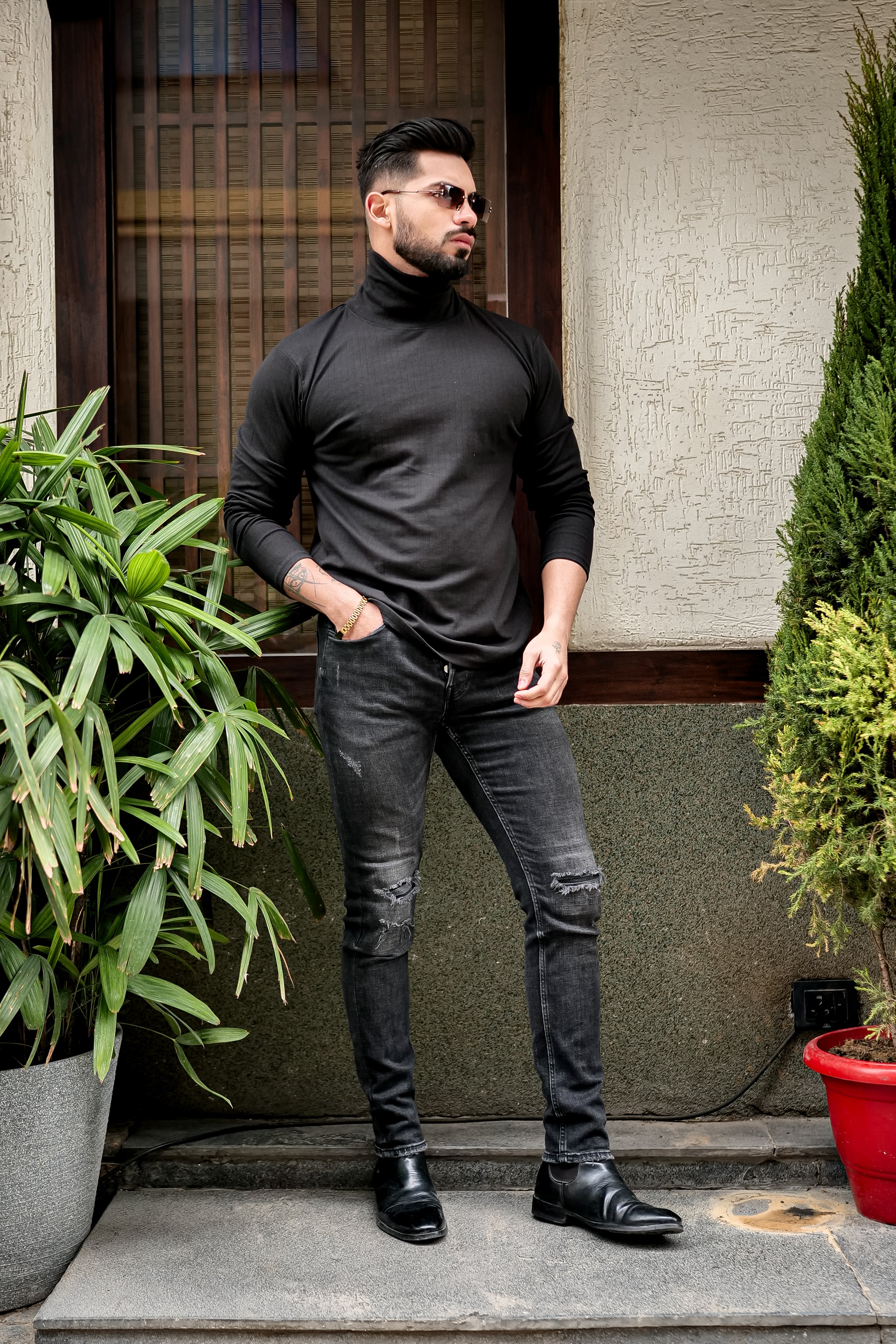 Black Textured High Neck T-Shirt