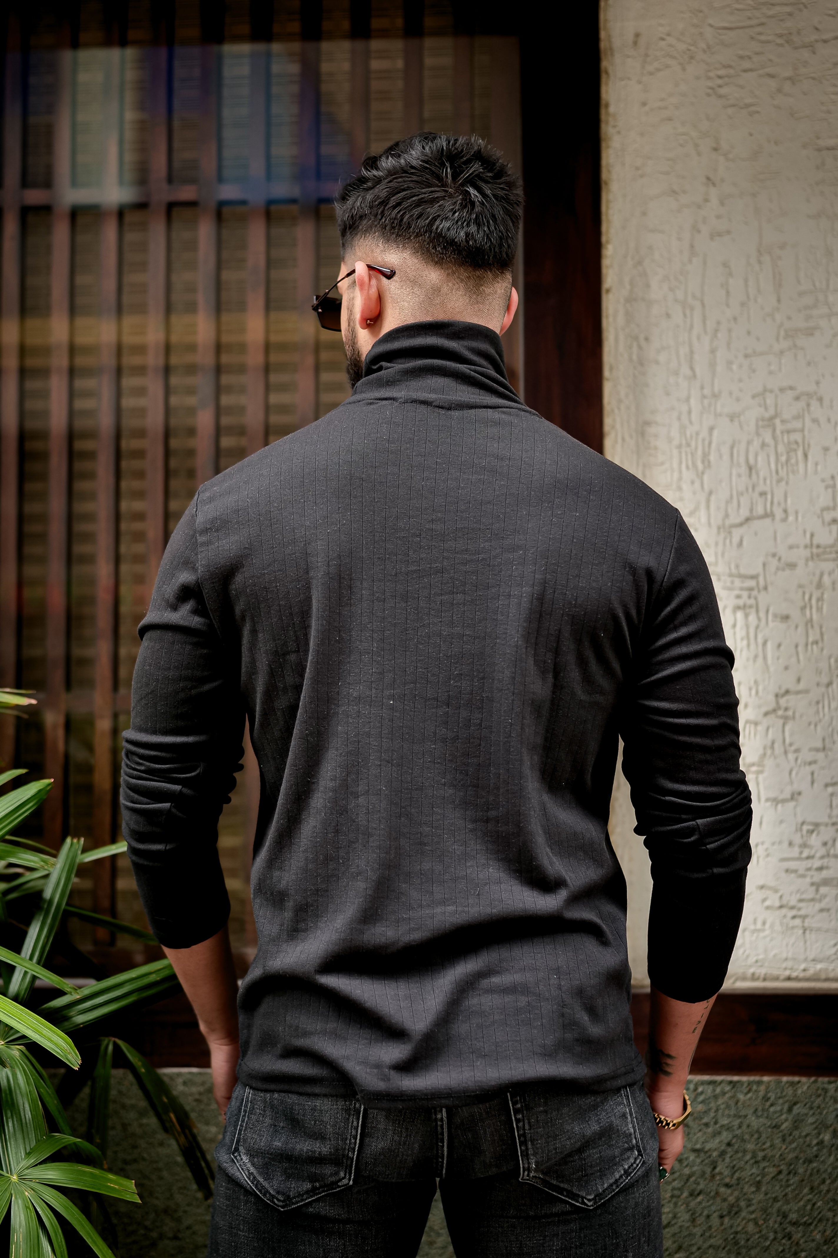 Black Textured High Neck T-Shirt