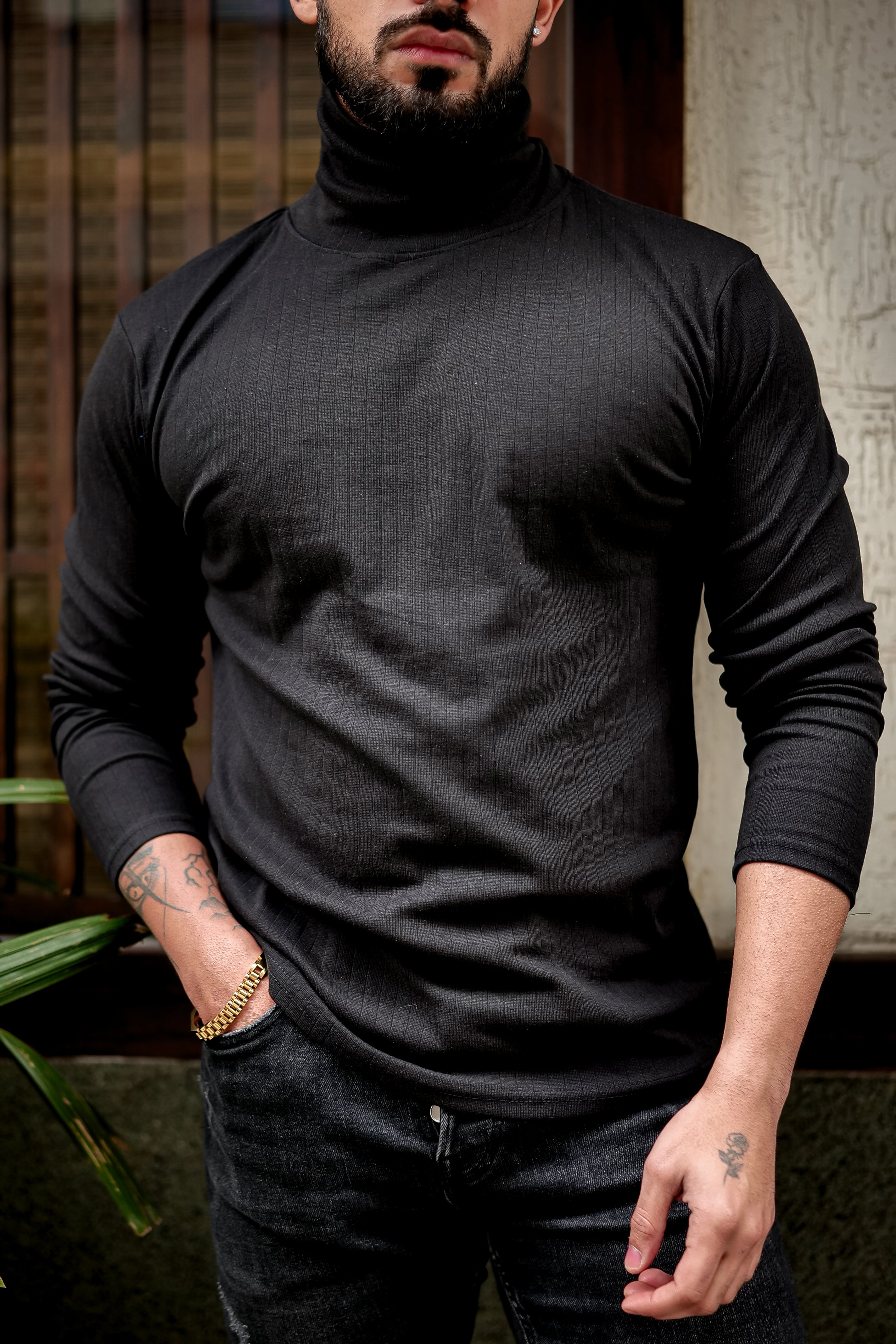 Black Textured High Neck T-Shirt