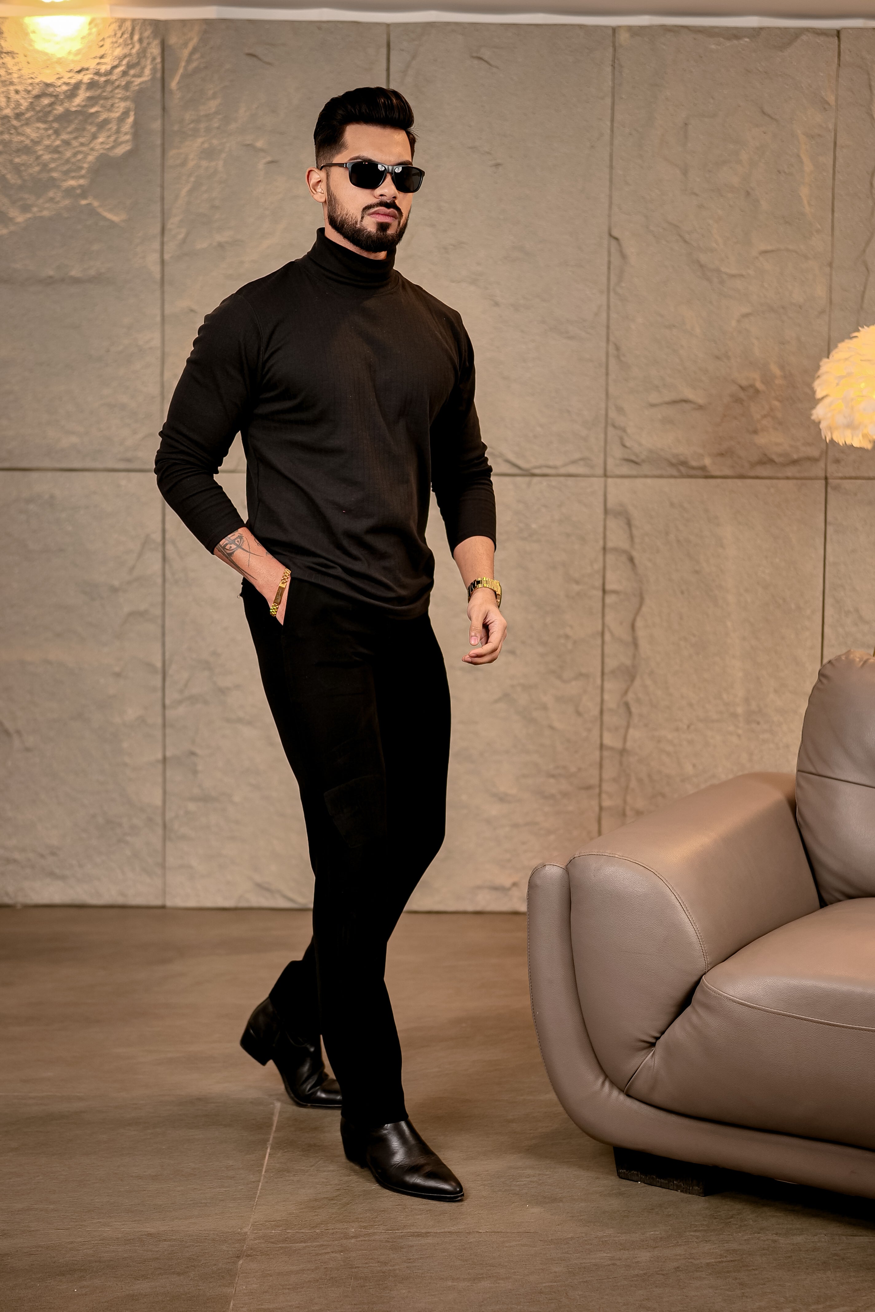 Black Textured High Neck T-Shirt