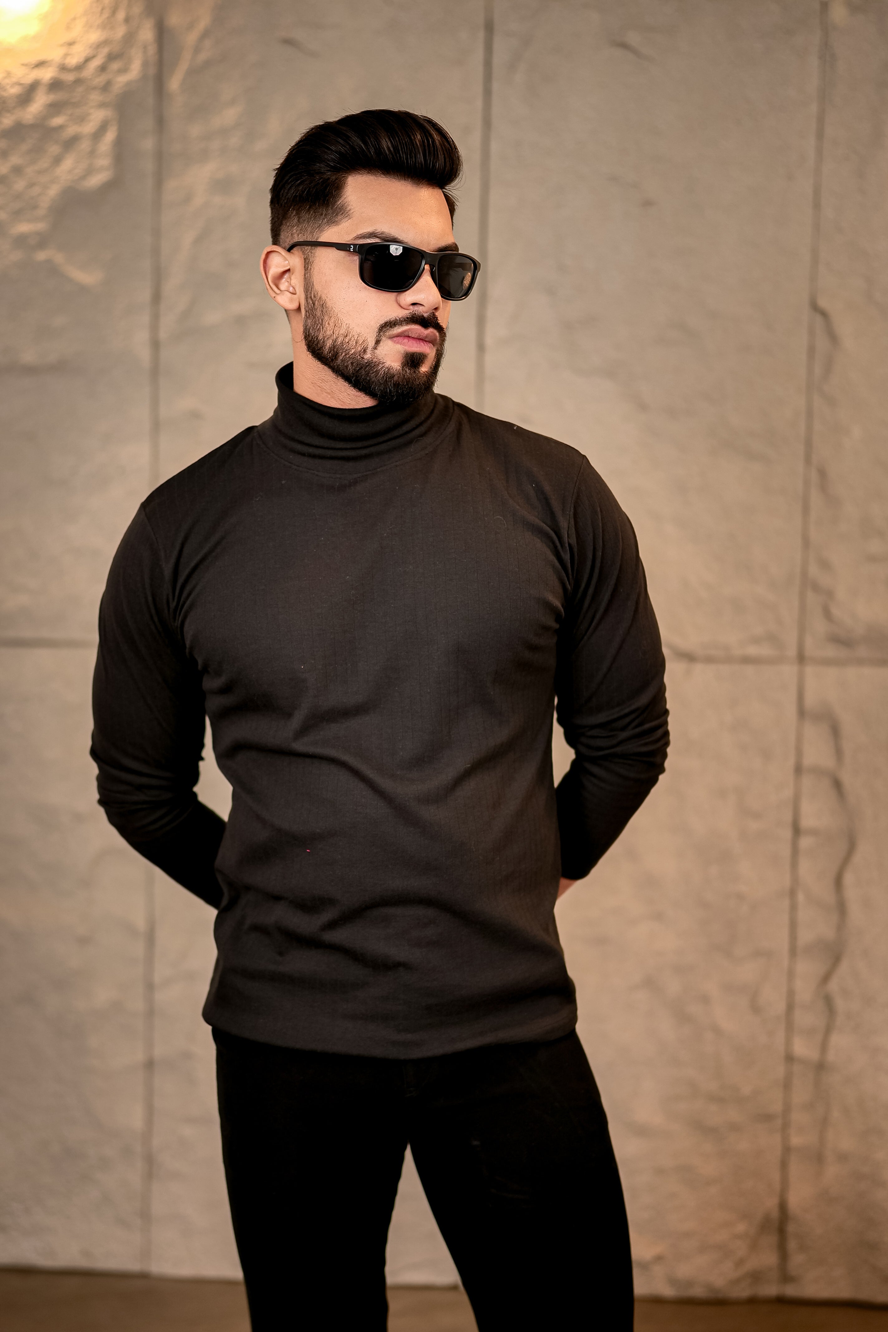 Black Textured High Neck T-Shirt