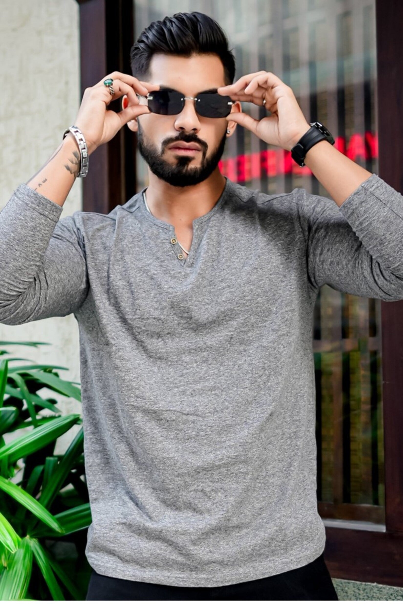 Grey Open Henley Neck T-shirt