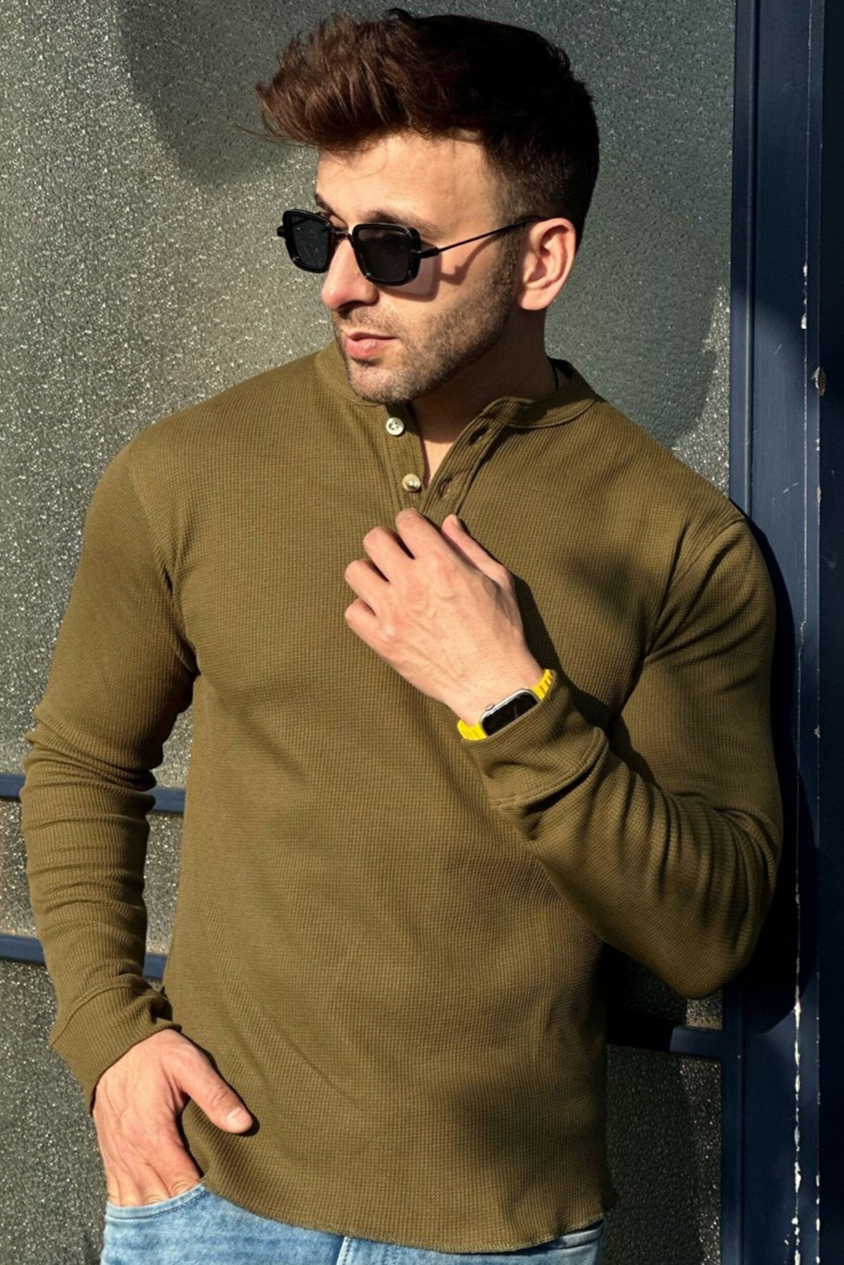 Olive Self Waffle Knit Henley T-Shirt