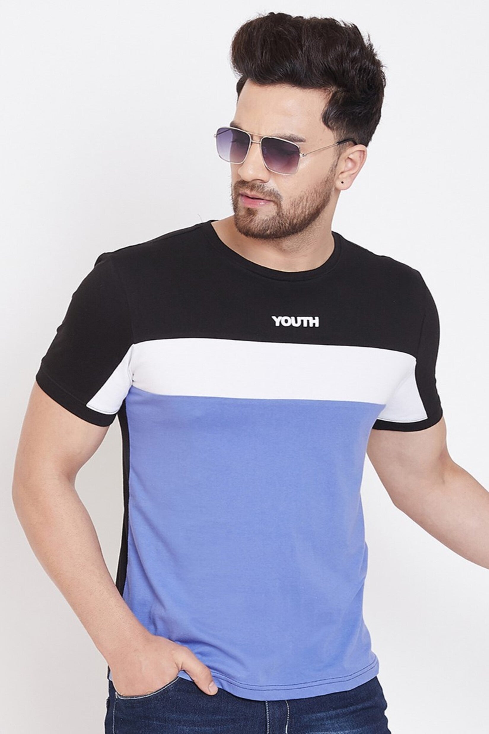 Black/White/Blue Printed Men's Half Sleeves Round Neck T-Shirt