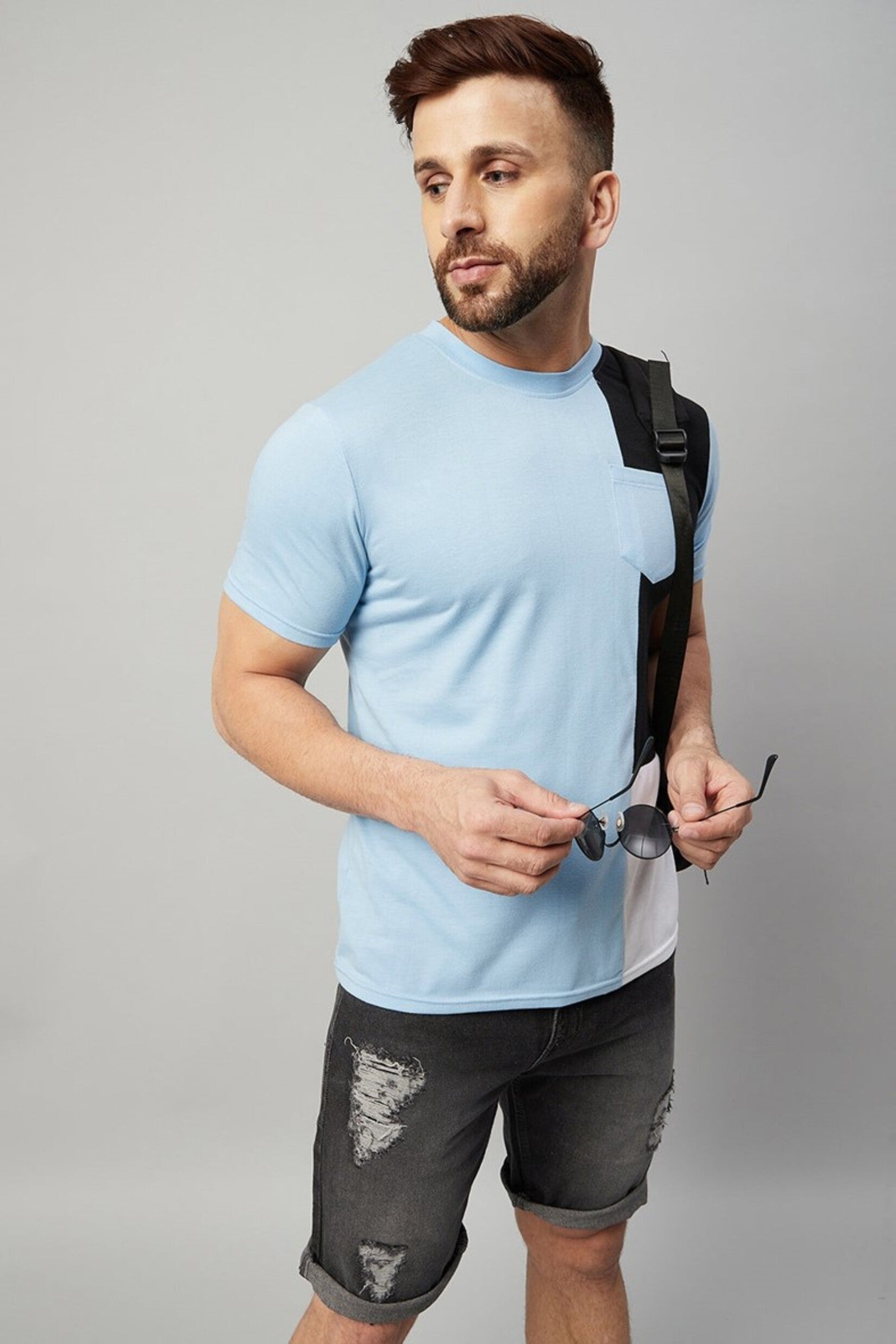 Sky Blue Half Sleeve  Color Block T-Shirt