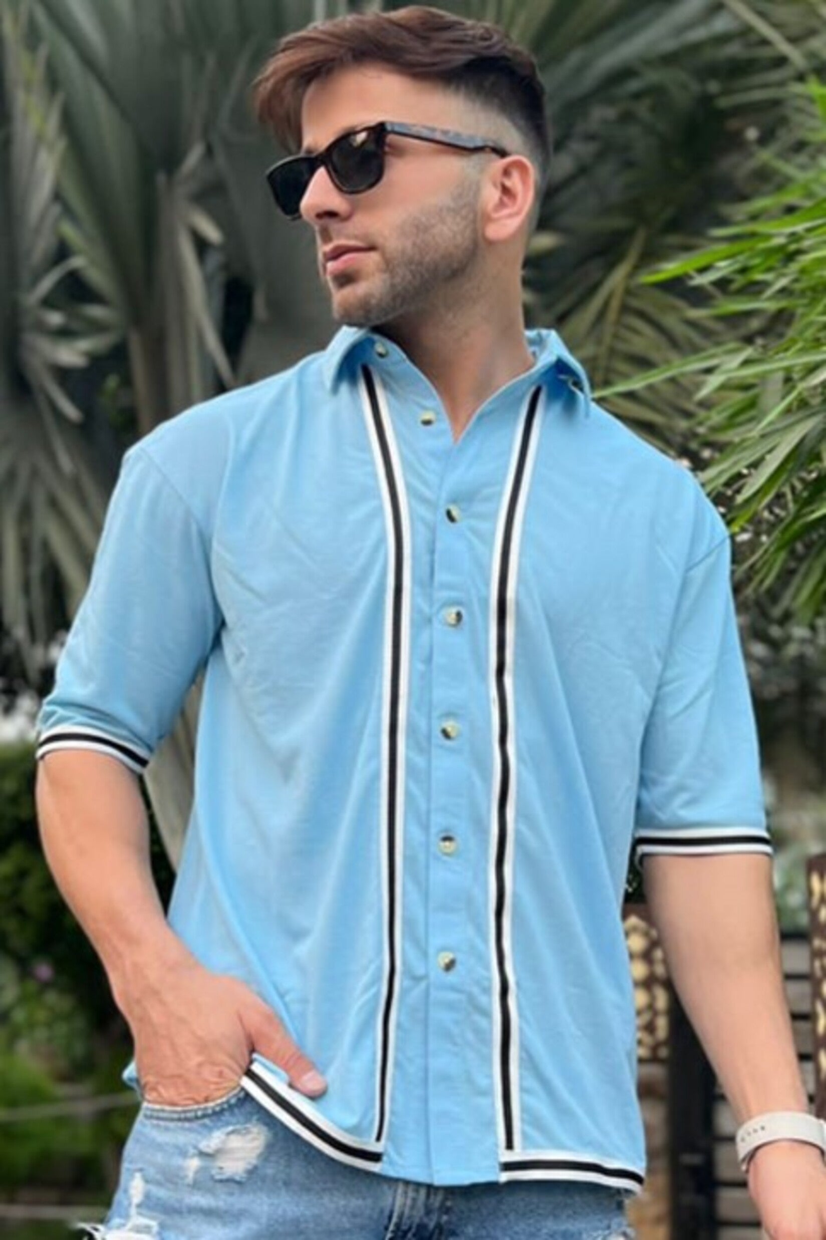 Oversized Half Sleeve Sky Blue Striped Knitted Shirt