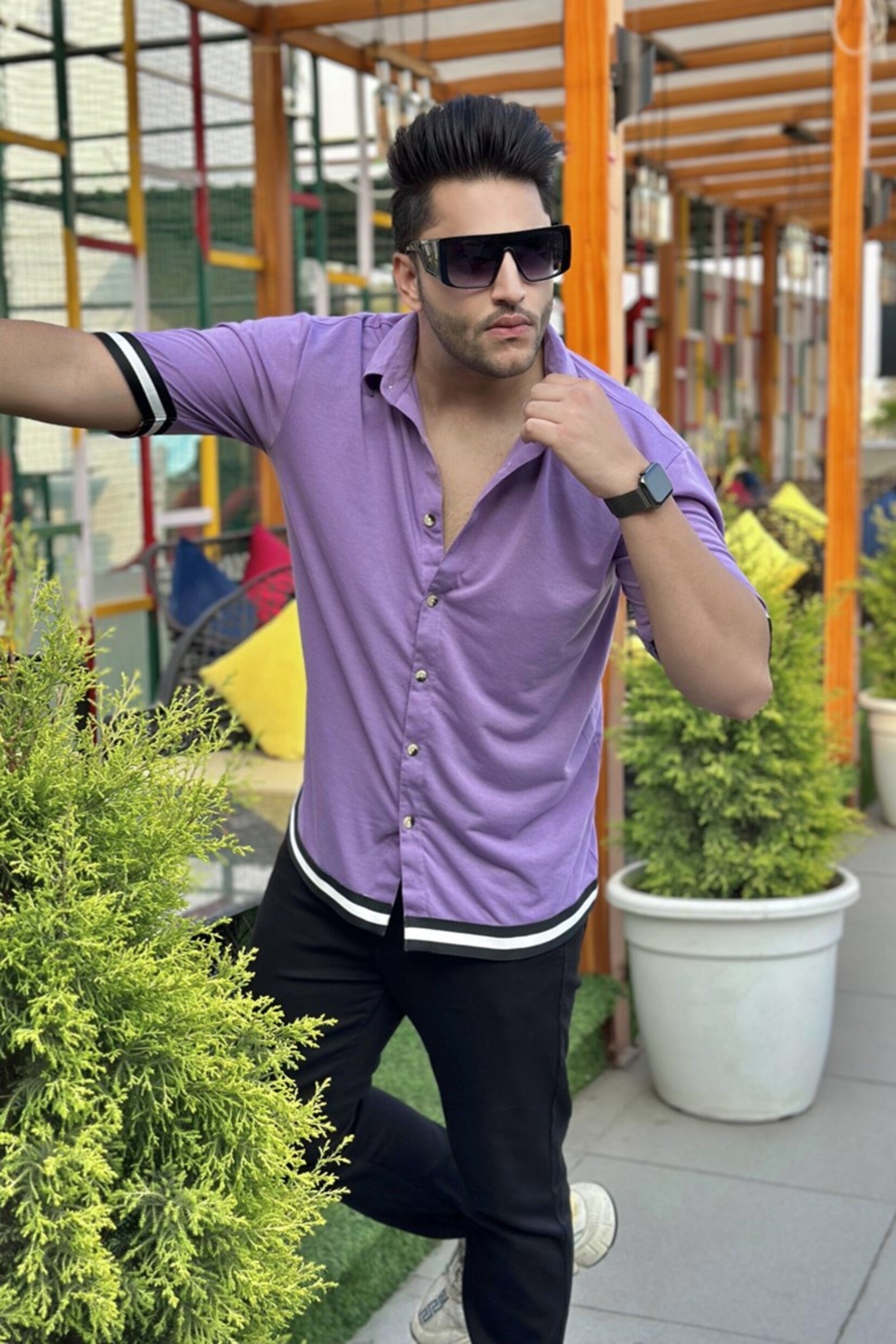 Oversized Purple Half Sleeve Solid Tapping Knitted Shirt